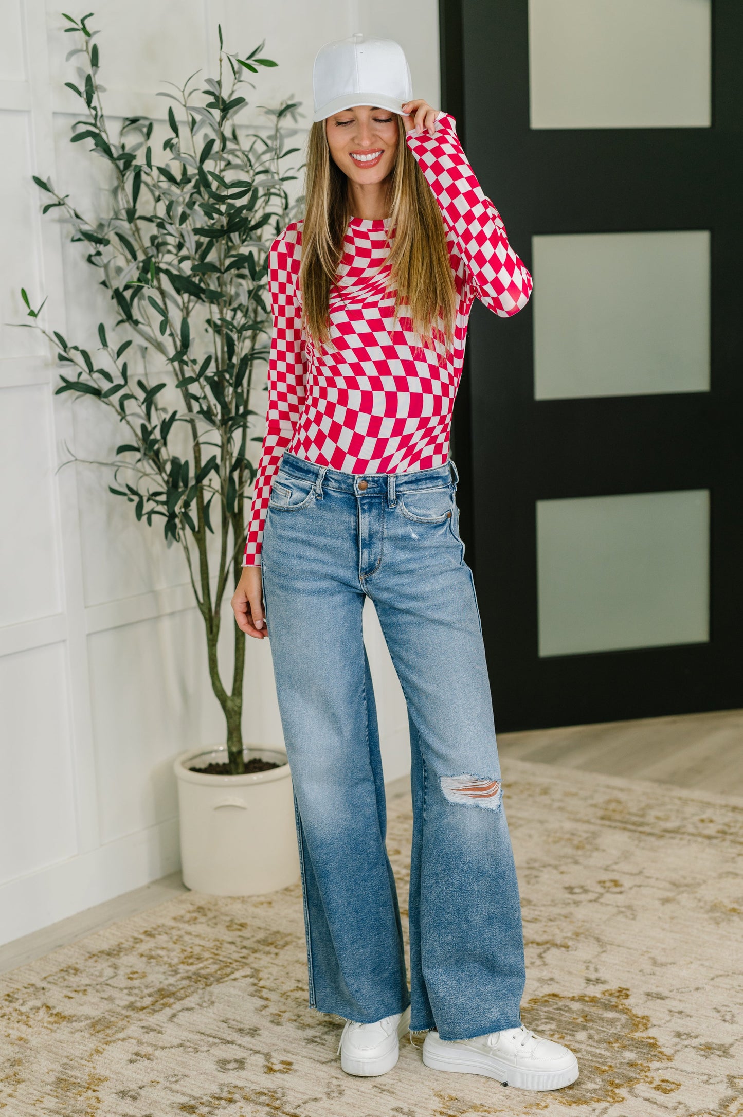 Red, long sleeve sheer checkered shirt