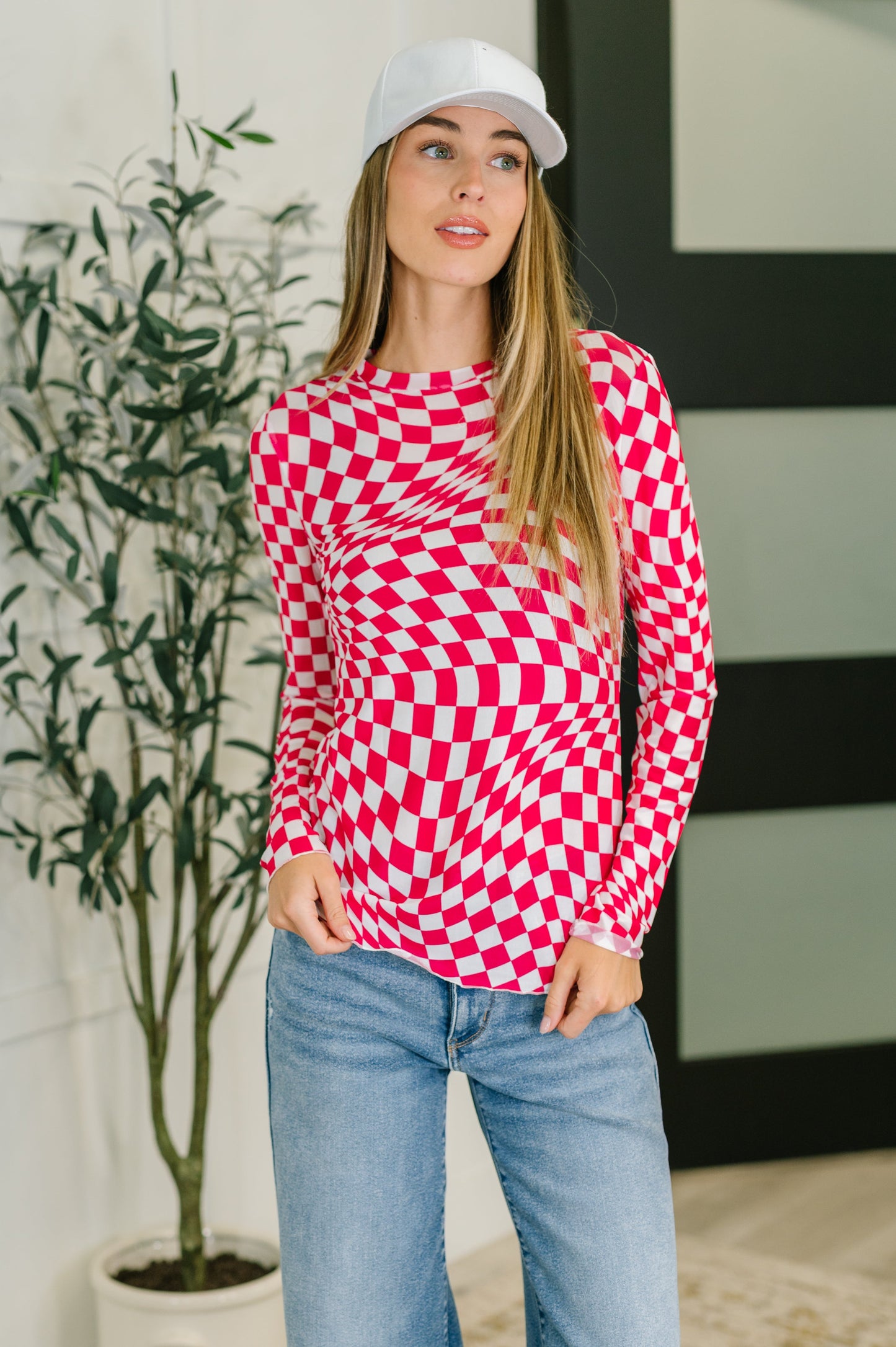 Hot Pink and white, long sleeve sheer checkered shirt