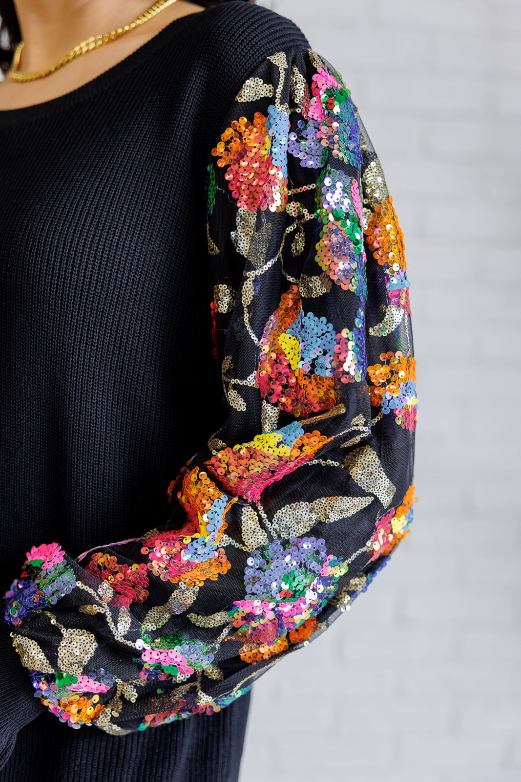 Long sleeve Black with Floral sequins mesh sleeve top by Haptics