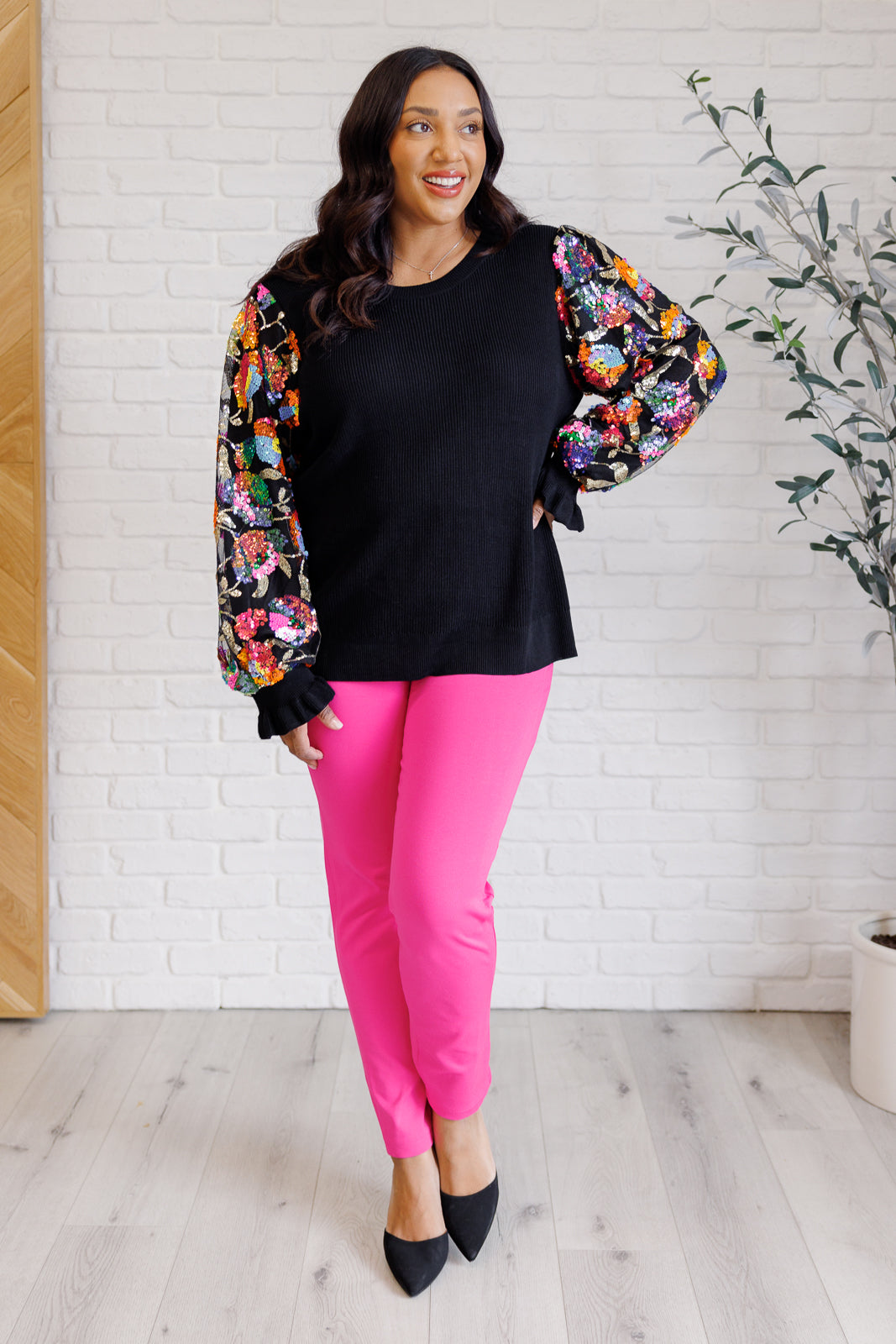 Long sleeve Black with Floral sequins mesh sleeve top by Haptics