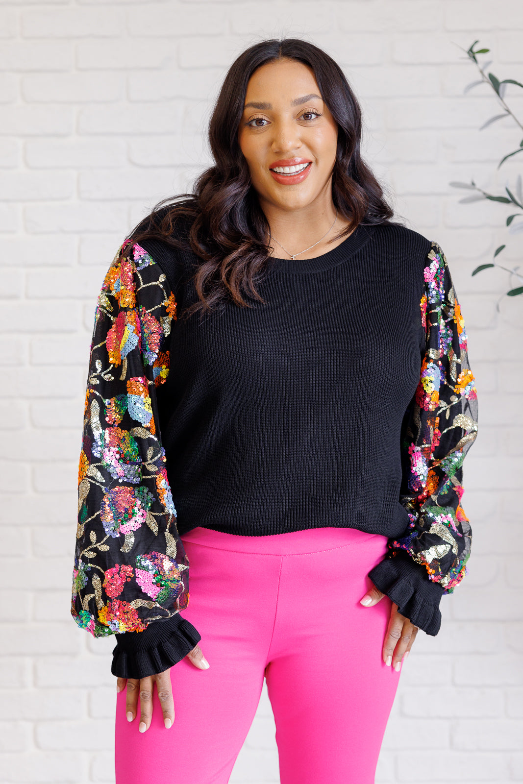 Long sleeve Black with Floral sequins mesh sleeve top by Haptics