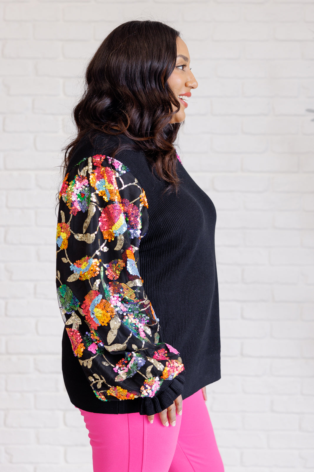 Long sleeve Black with Floral sequins mesh sleeve top by Haptics
