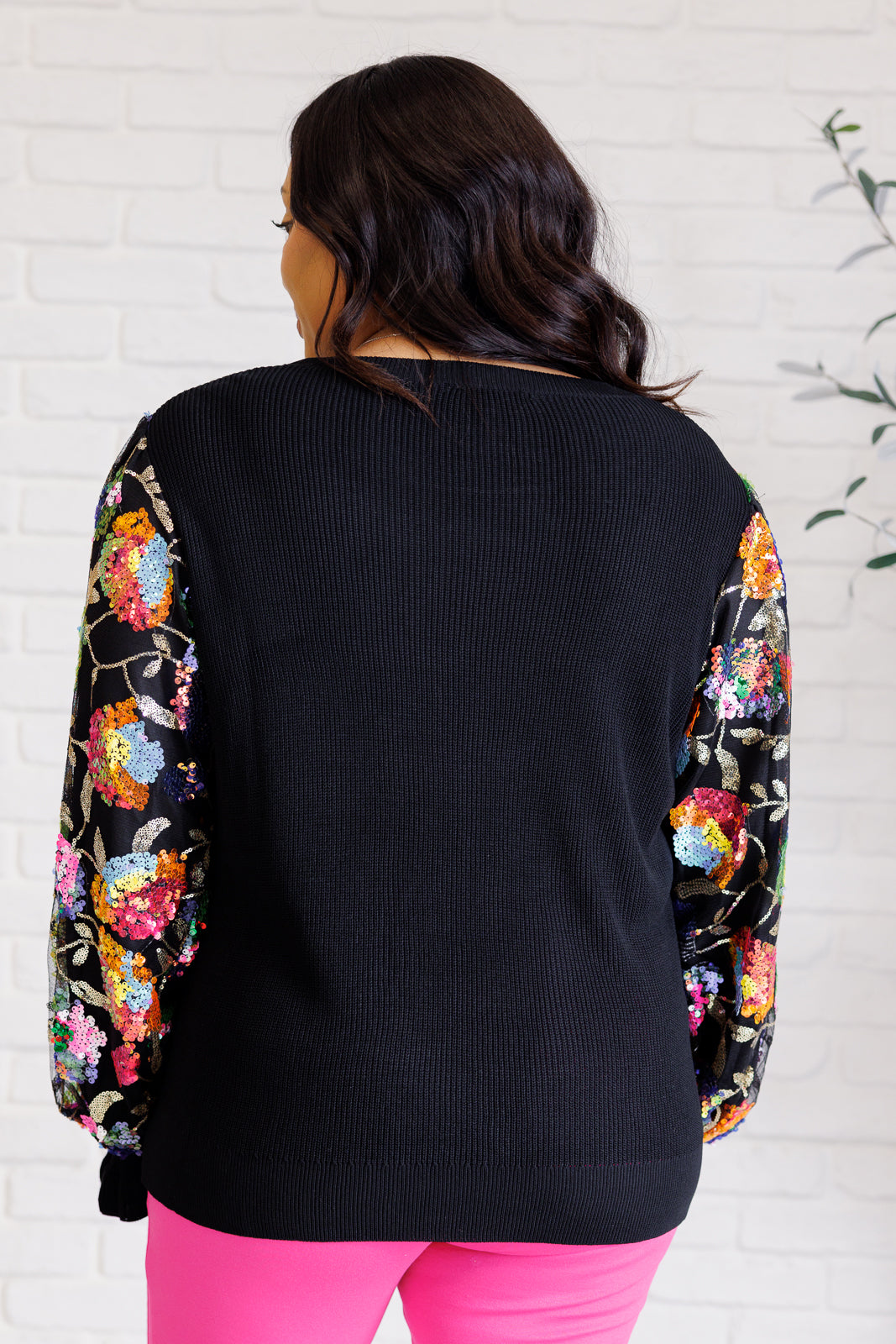Long sleeve Black with Floral sequins mesh sleeve top by Haptics