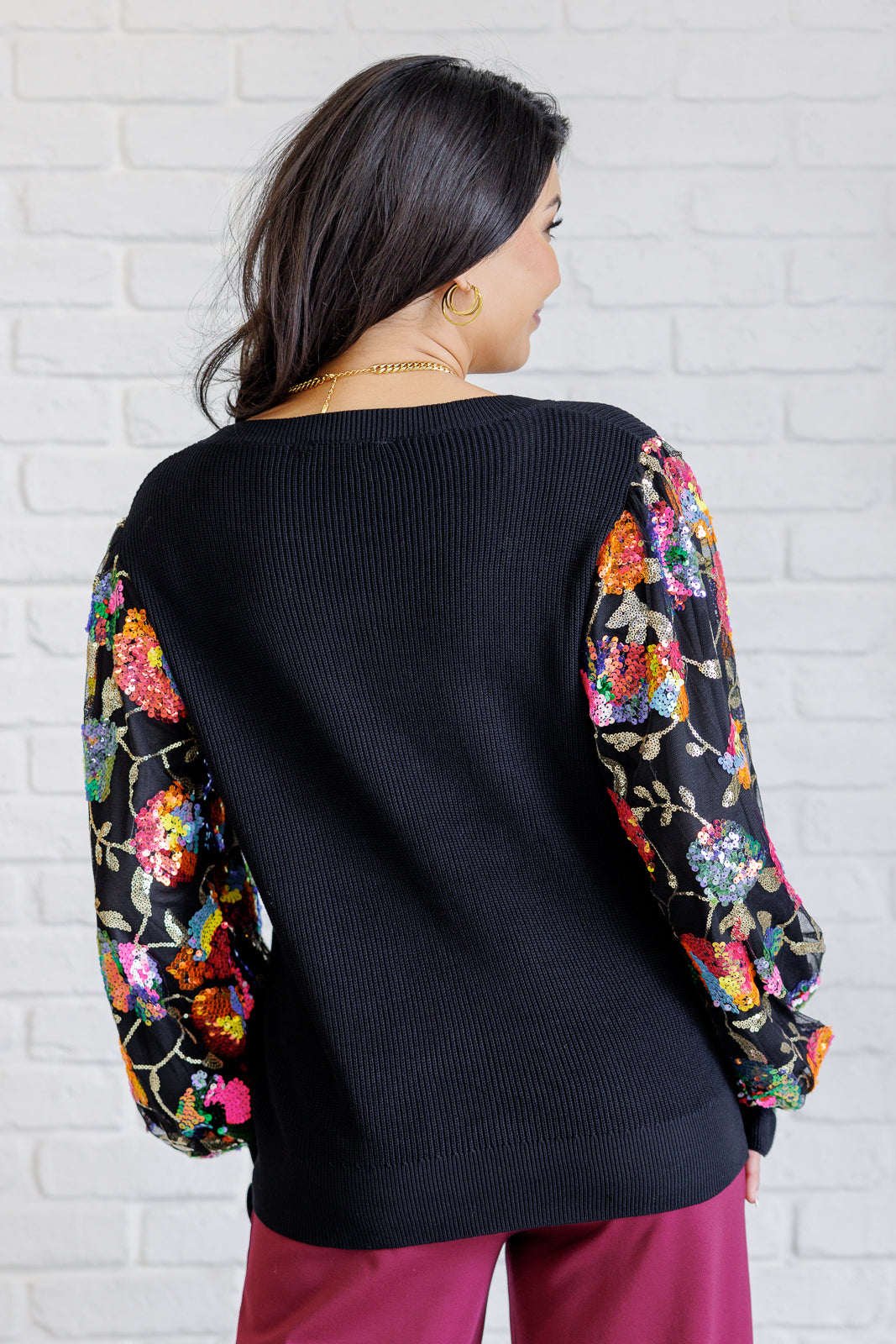 Long sleeve Black with Floral sequins mesh sleeve top by Haptics