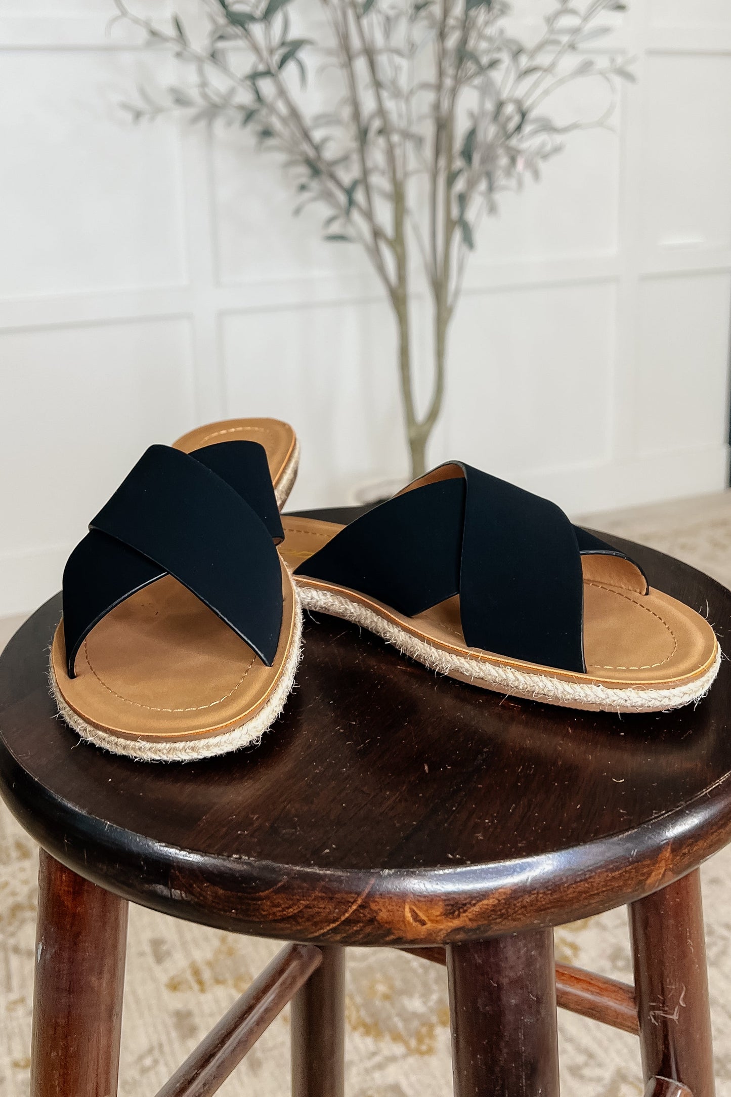 Black, slip on, criss cross, braided twine, rubber sole, round toe sandal