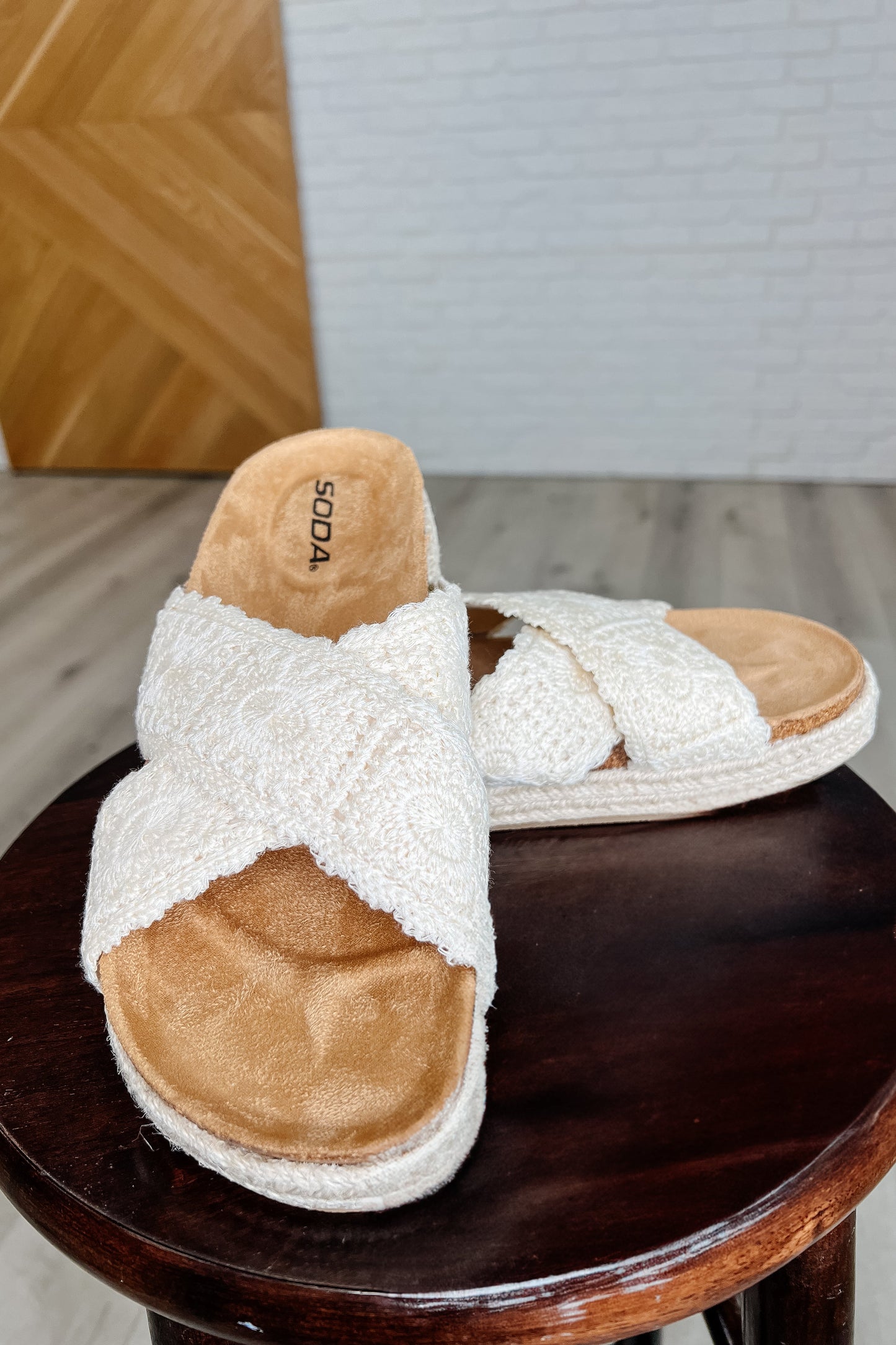 Beige slip-on sandals with crocheted straps and twine woven detail by SODA