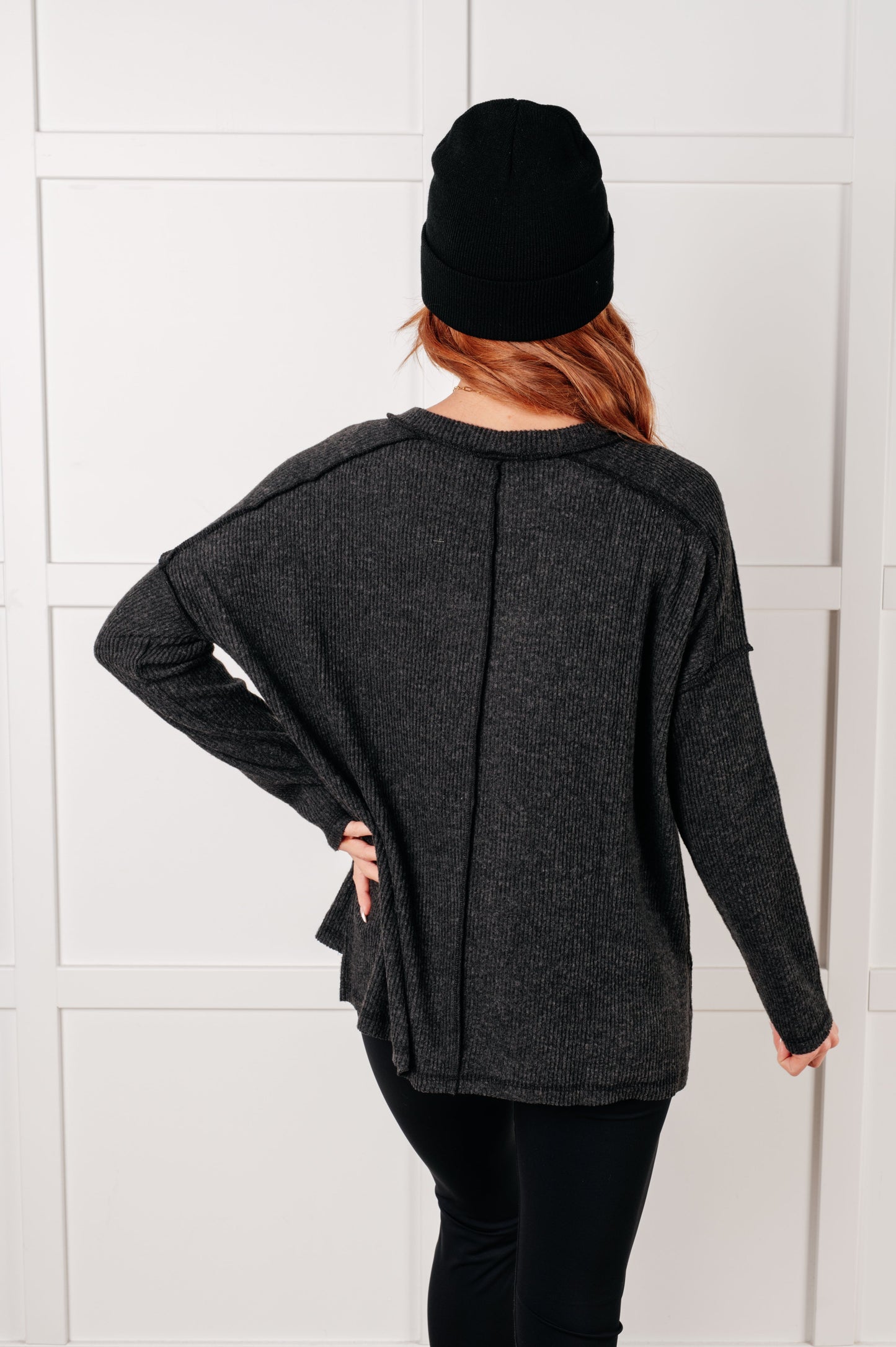 Black, ribbed Hacci long sleeve sweater by Zenana
Ribbed, Brushed Hacci
Banded Round Neckline
Drop Shoulder
Side Slit
Exposed Seam Details
82% Polyester, 15% Rayon, 3% Spandex
True to Size
