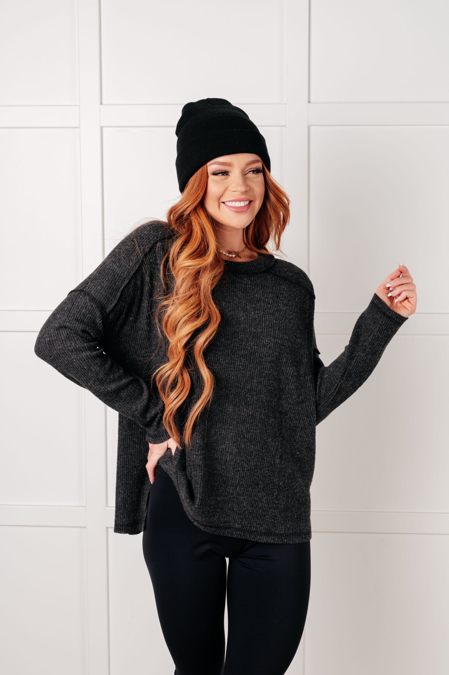 Black, ribbed Hacci long sleeve sweater by Zenana
Ribbed, Brushed Hacci
Banded Round Neckline
Drop Shoulder
Side Slit
Exposed Seam Details
82% Polyester, 15% Rayon, 3% Spandex
True to Size