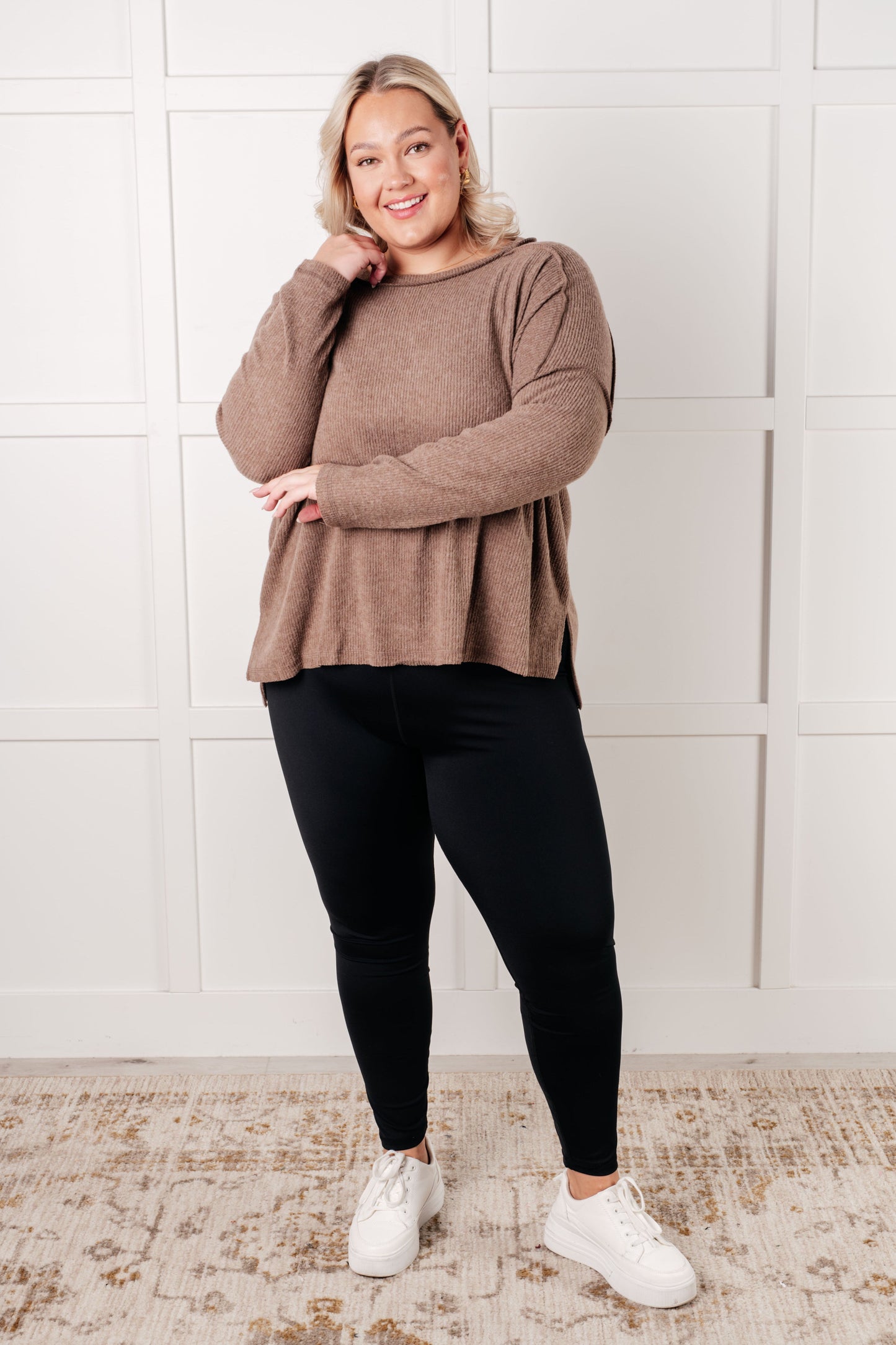 Mocha, ribbed Hacci long sleeve sweater by Zenana
Ribbed, Brushed Hacci
Banded Round Neckline
Drop Shoulder
Side Slit
Exposed Seam Details
82% Polyester, 15% Rayon, 3% Spandex
True to Size
