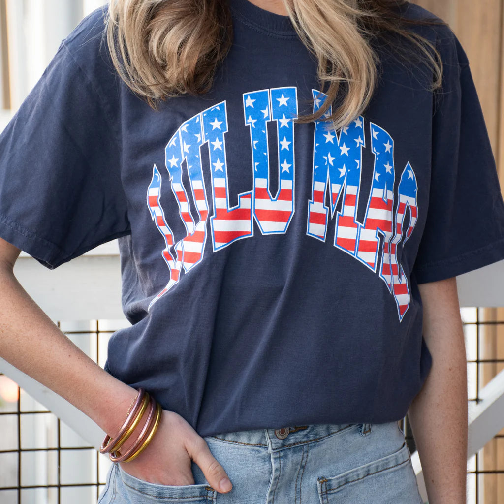 Lulu Mac stars and stripes navy comfort colors t-shirt with patriotic American flag graphic