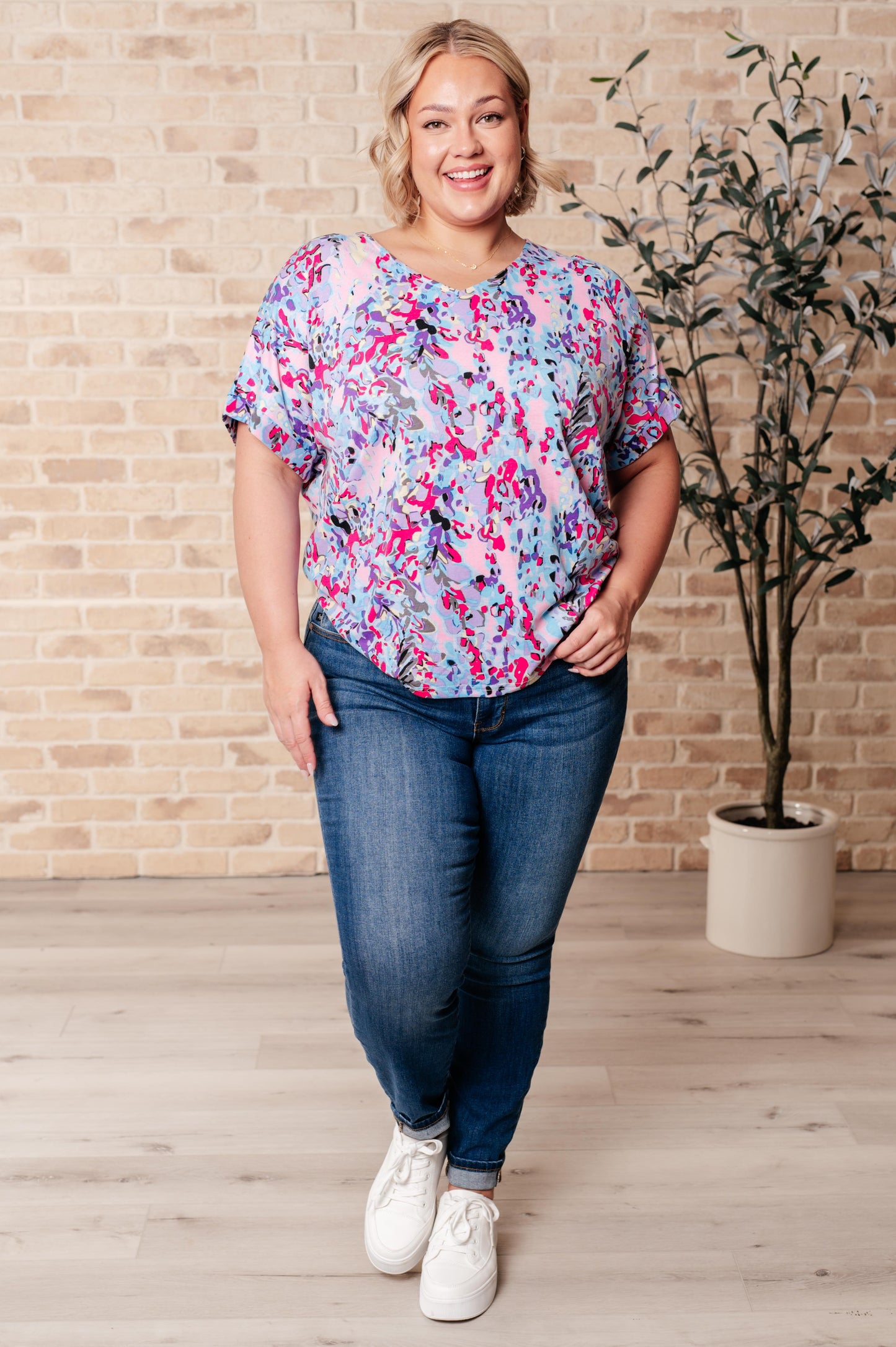 colorful floral short sleeve blouse