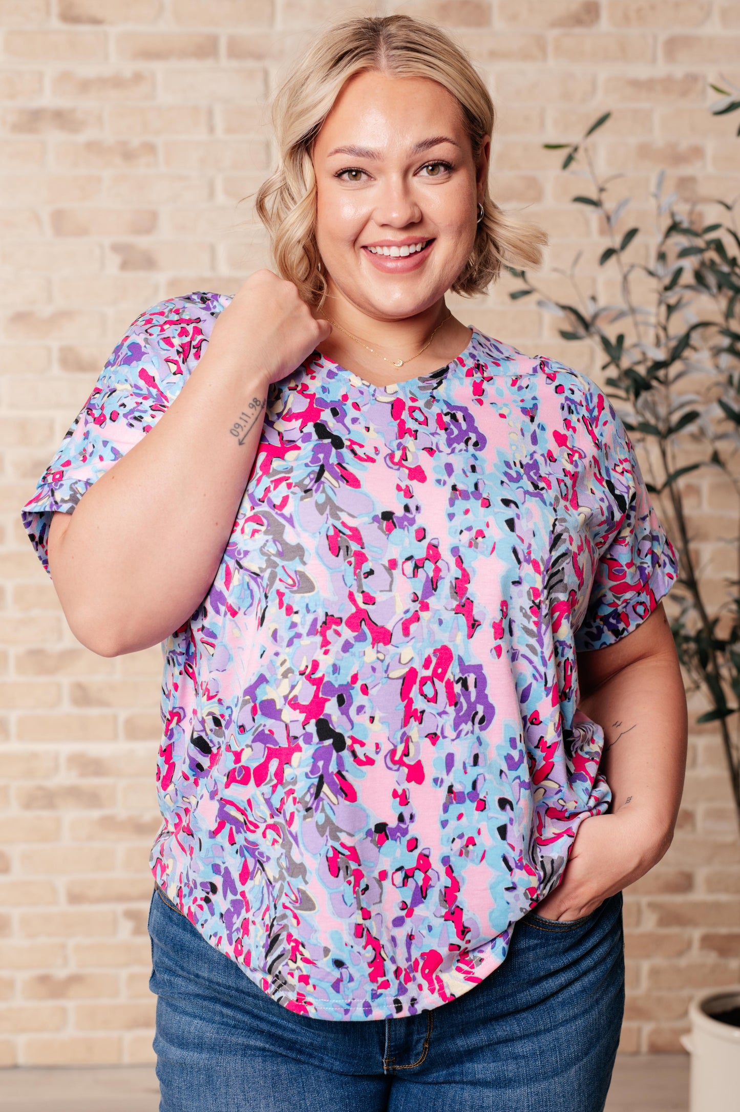 colorful floral short sleeve blouse