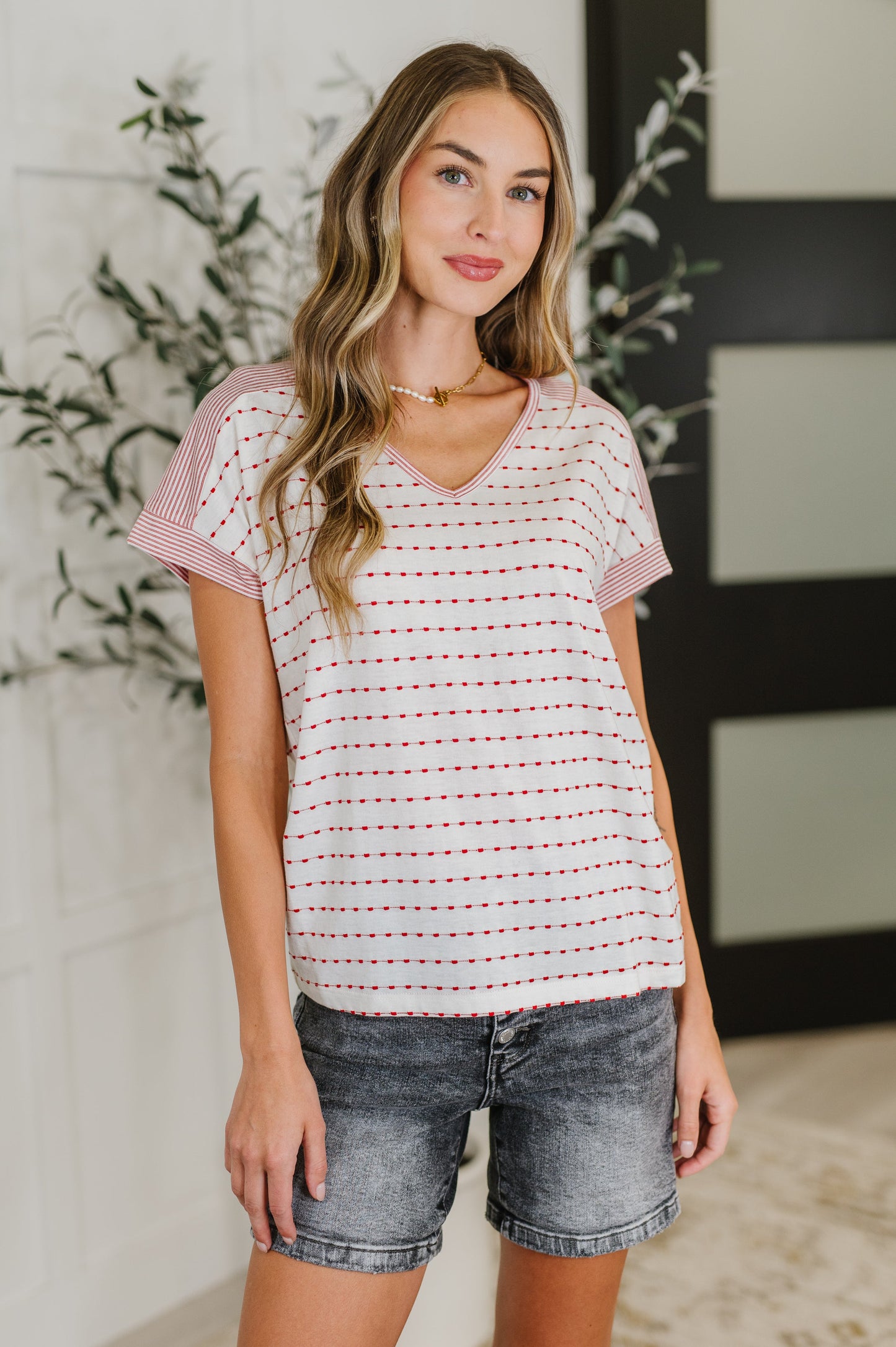 V Neck Top in Ivory and Red
