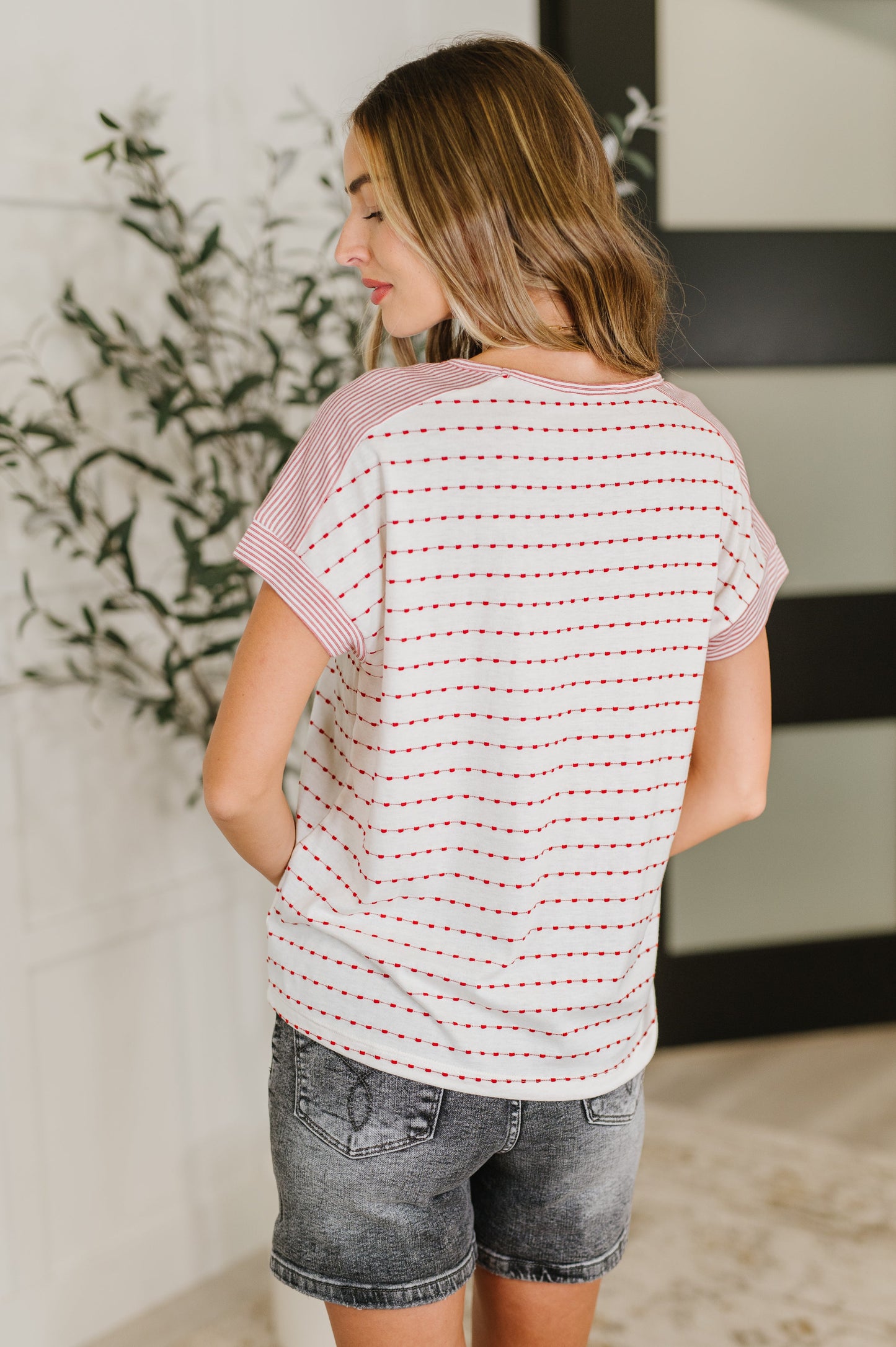 V Neck Top in Ivory and Red
