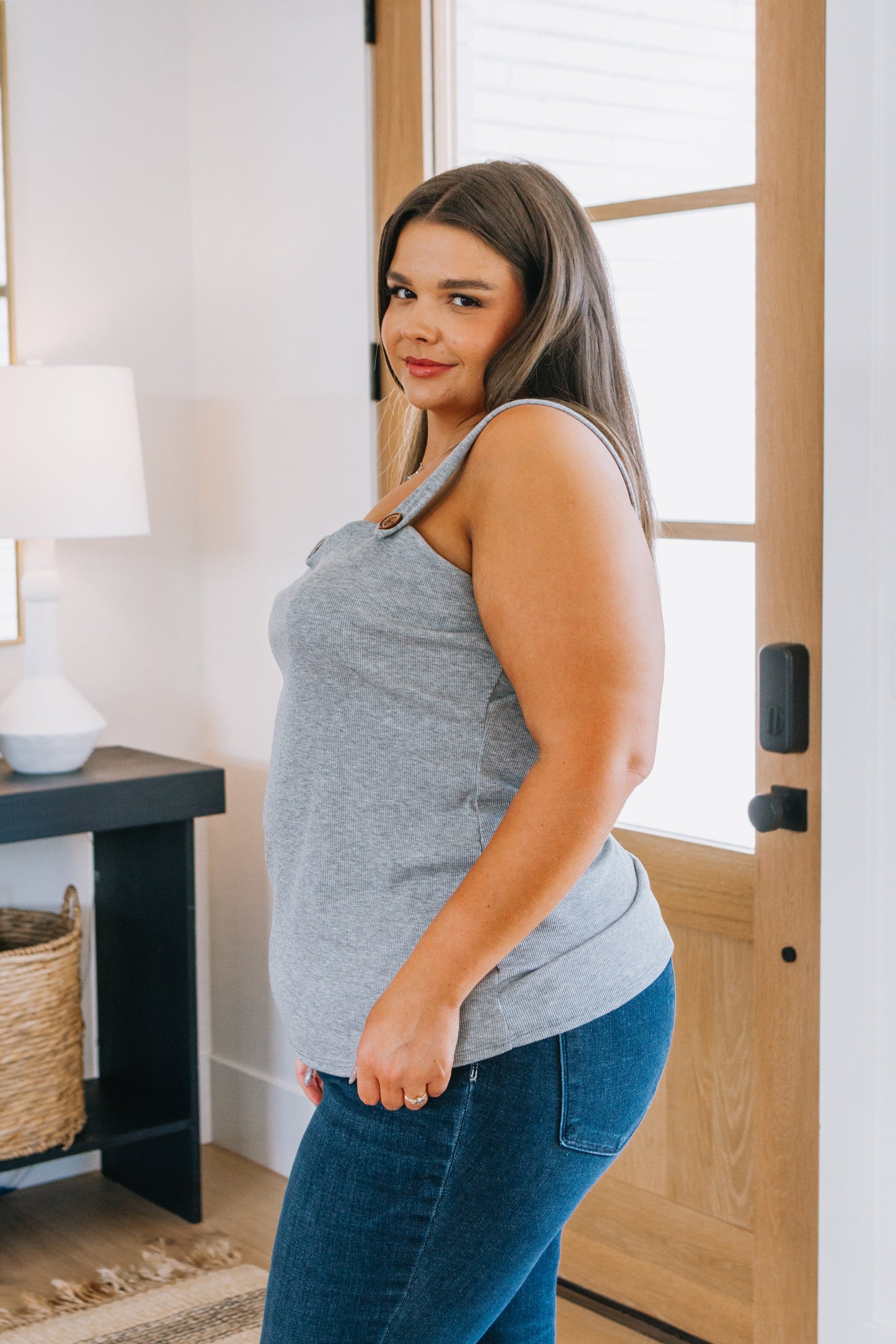 Grey, ribbed knit, sweetheart neckline, elastic back tank top