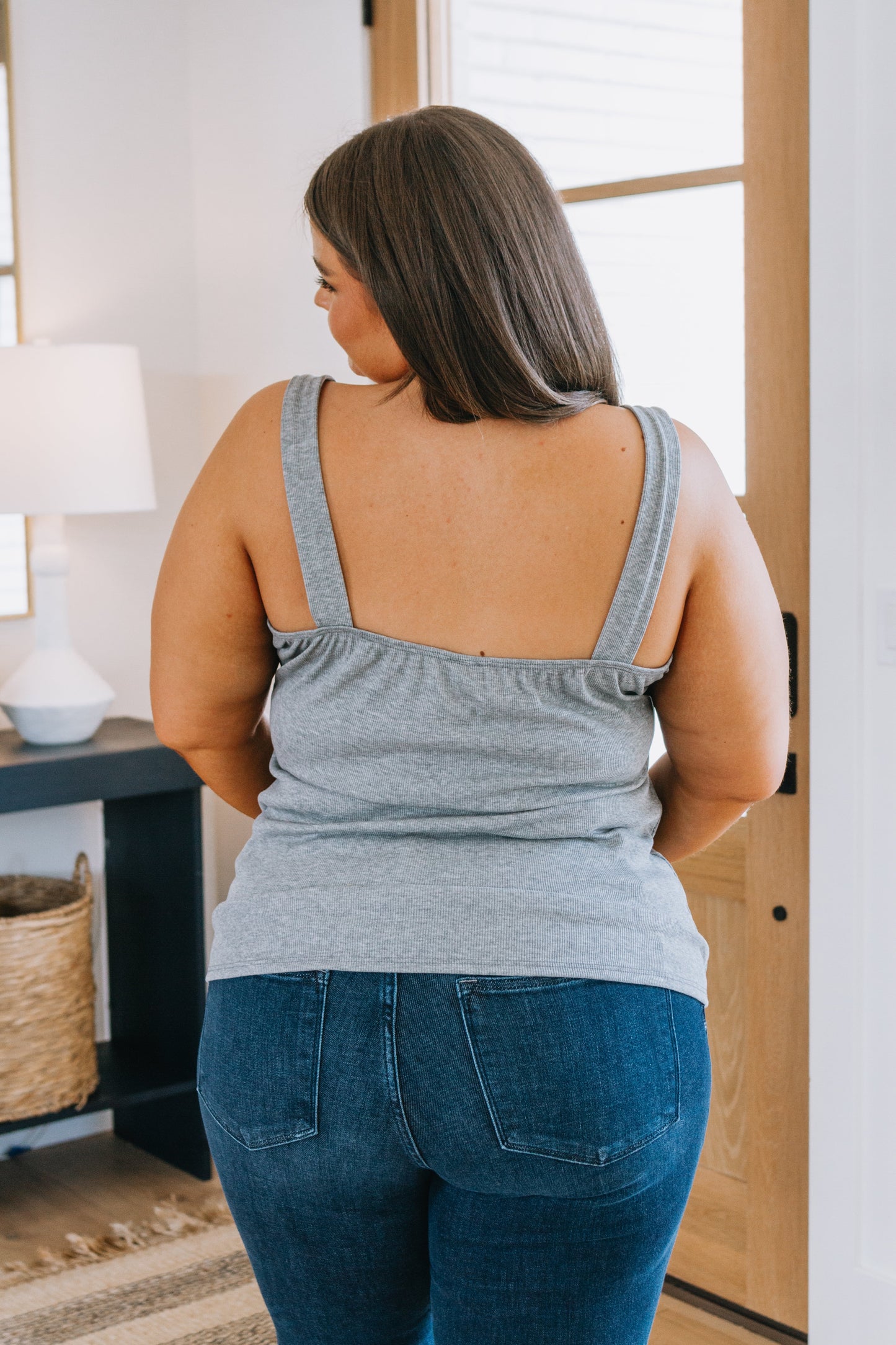 Grey, ribbed knit, sweetheart neckline, elastic back tank top