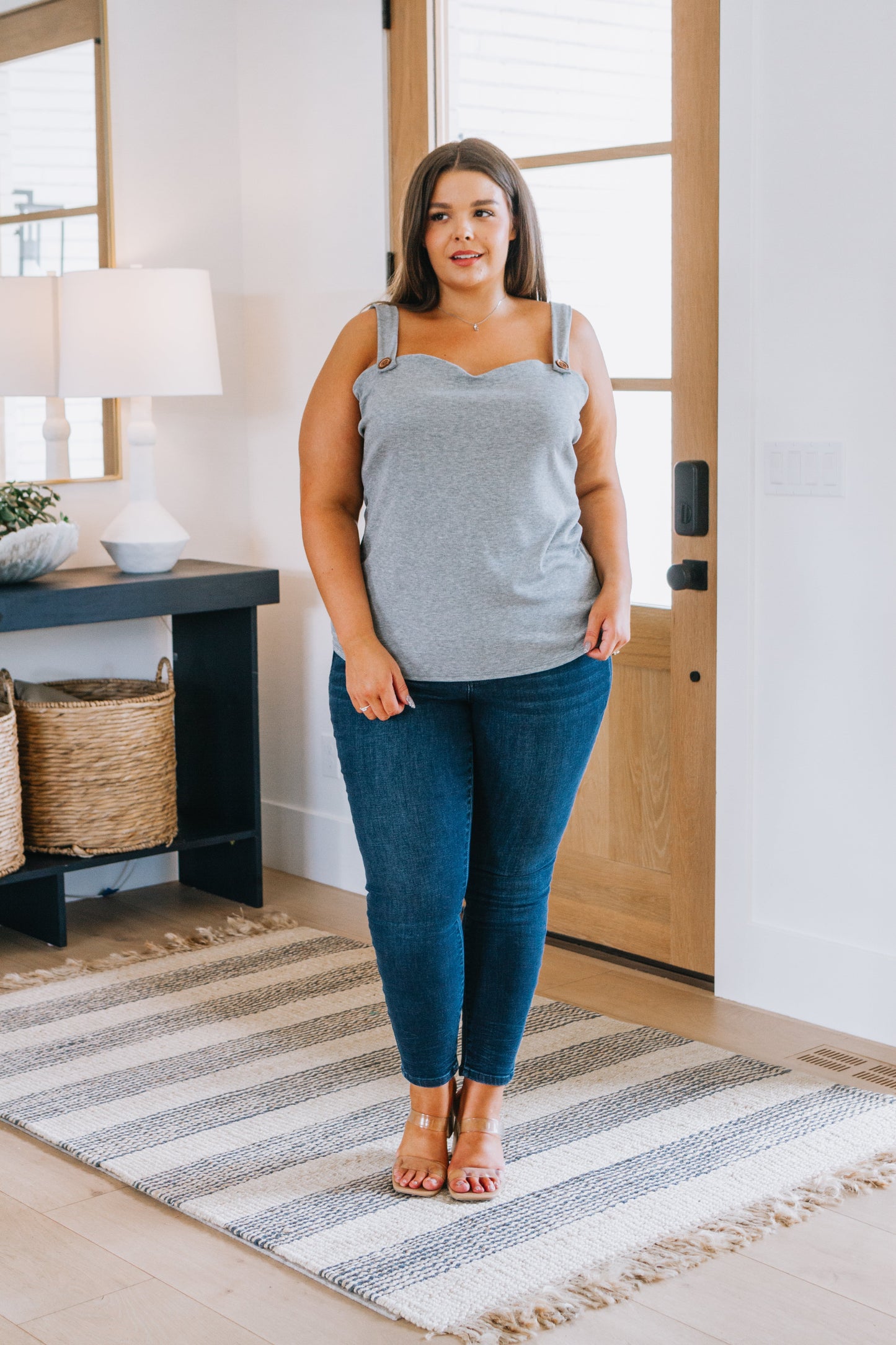 Grey, ribbed knit, sweetheart neckline, elastic back tank top