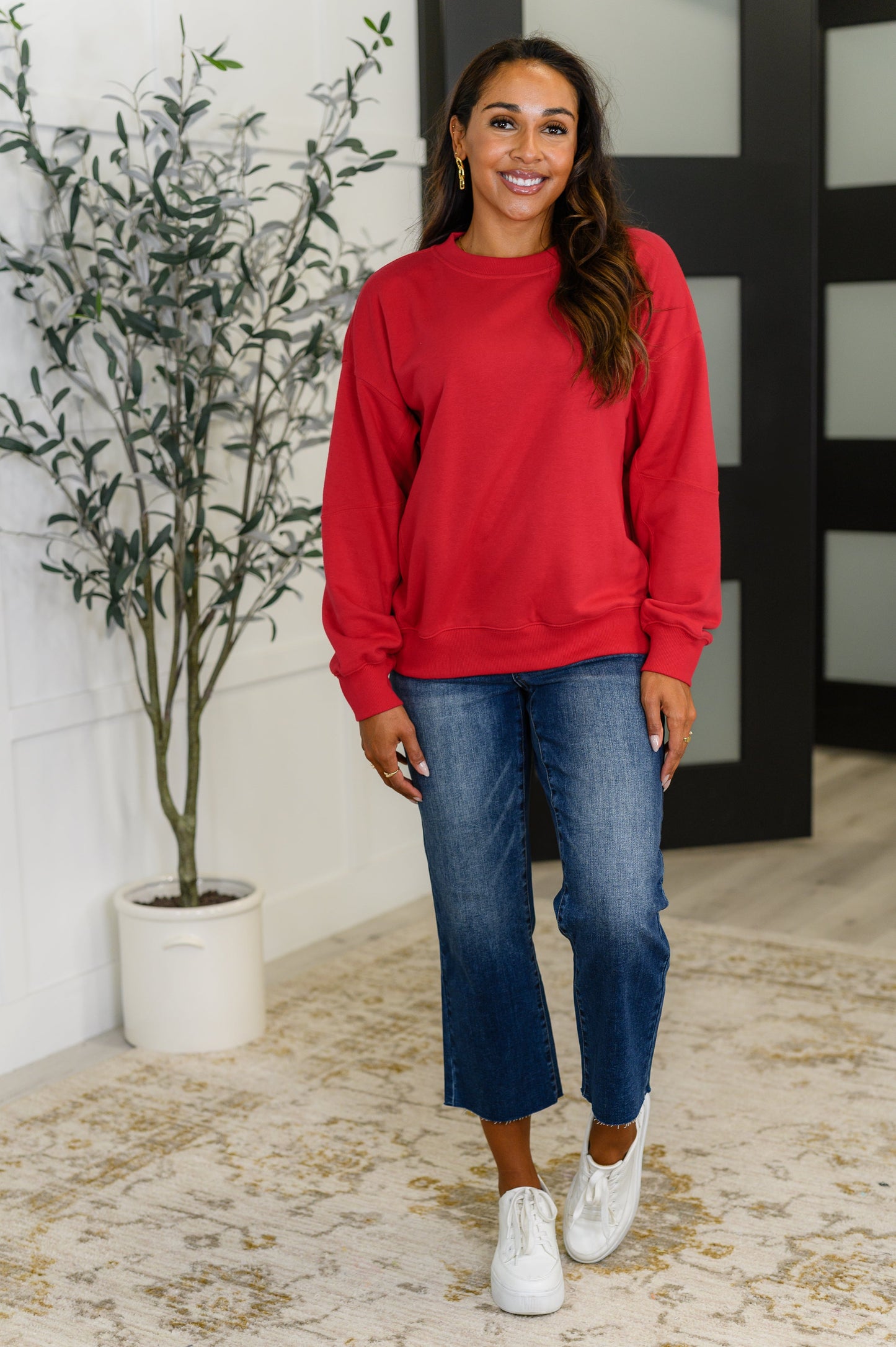 Drop shoulder pullover in True Red by Rae Mode
French Terry Knit
Banded, Ribbed Round Neckline
Drop Shoulder
Long Sleeve
Banded, Ribbed Sleeve Cuff
Banded, Ribbed Sleeve Cuff
Ribbed Knit Contrast
Body: 60% Cotton, 40% Polyester
Contrast: 57% Cotton, 38% Polyester, 5% Spandex
True to Size