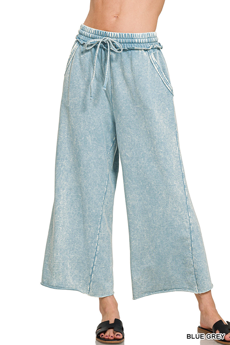 Washed French Terry Palazzo Pants by Zenana in Ocean Blue