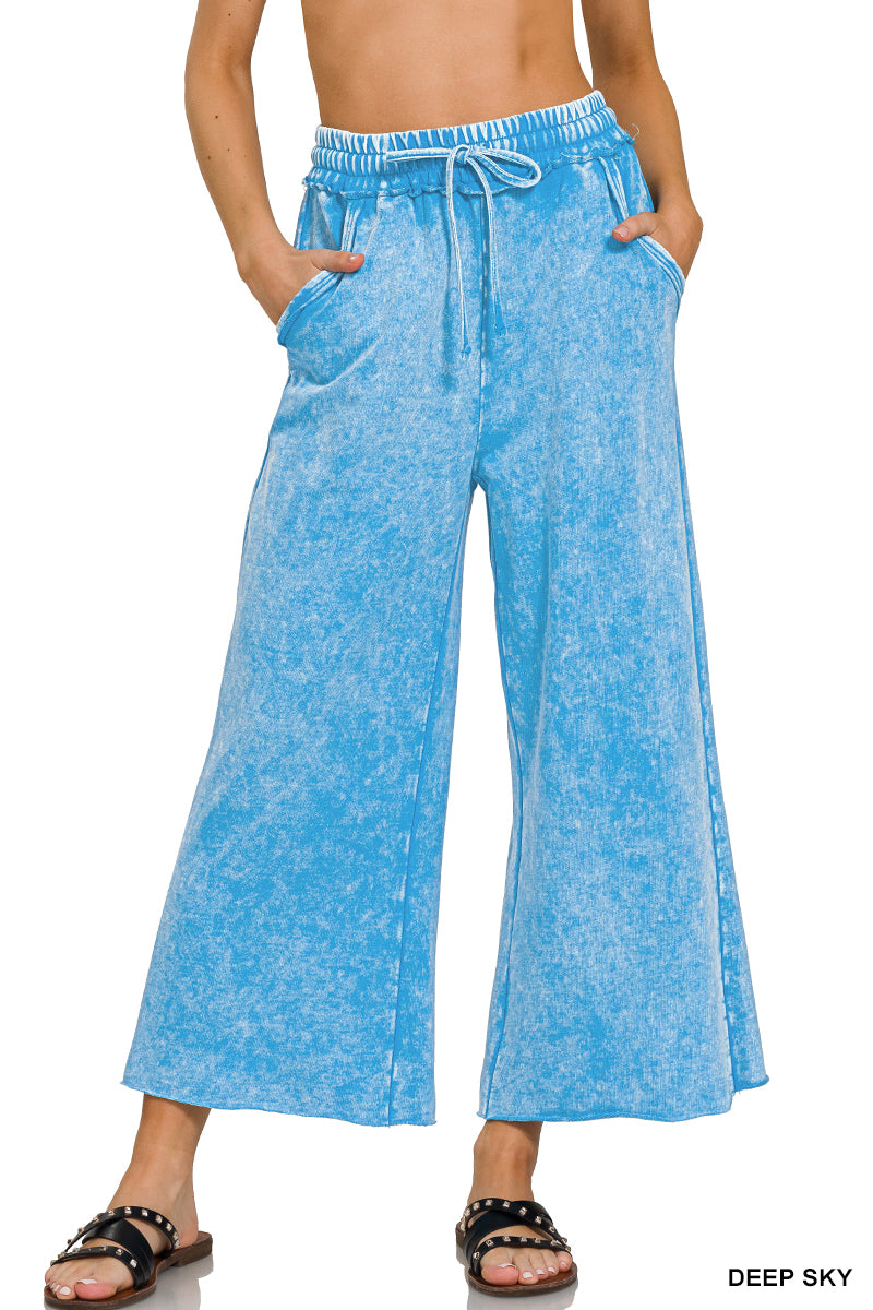 Washed French Terry Palazzo Pants by Zenana in Deep Sky
