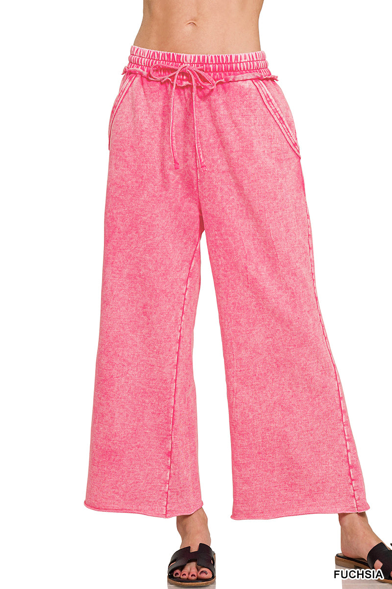 Washed French Terry Palazzo Pants by Zenana in Fuchsia