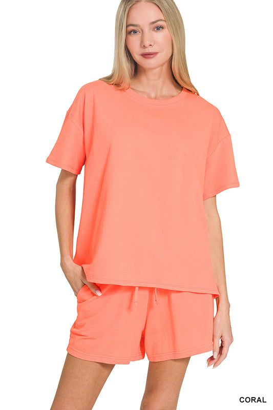 Zenana French terry short sleeve top and shorts set in coral