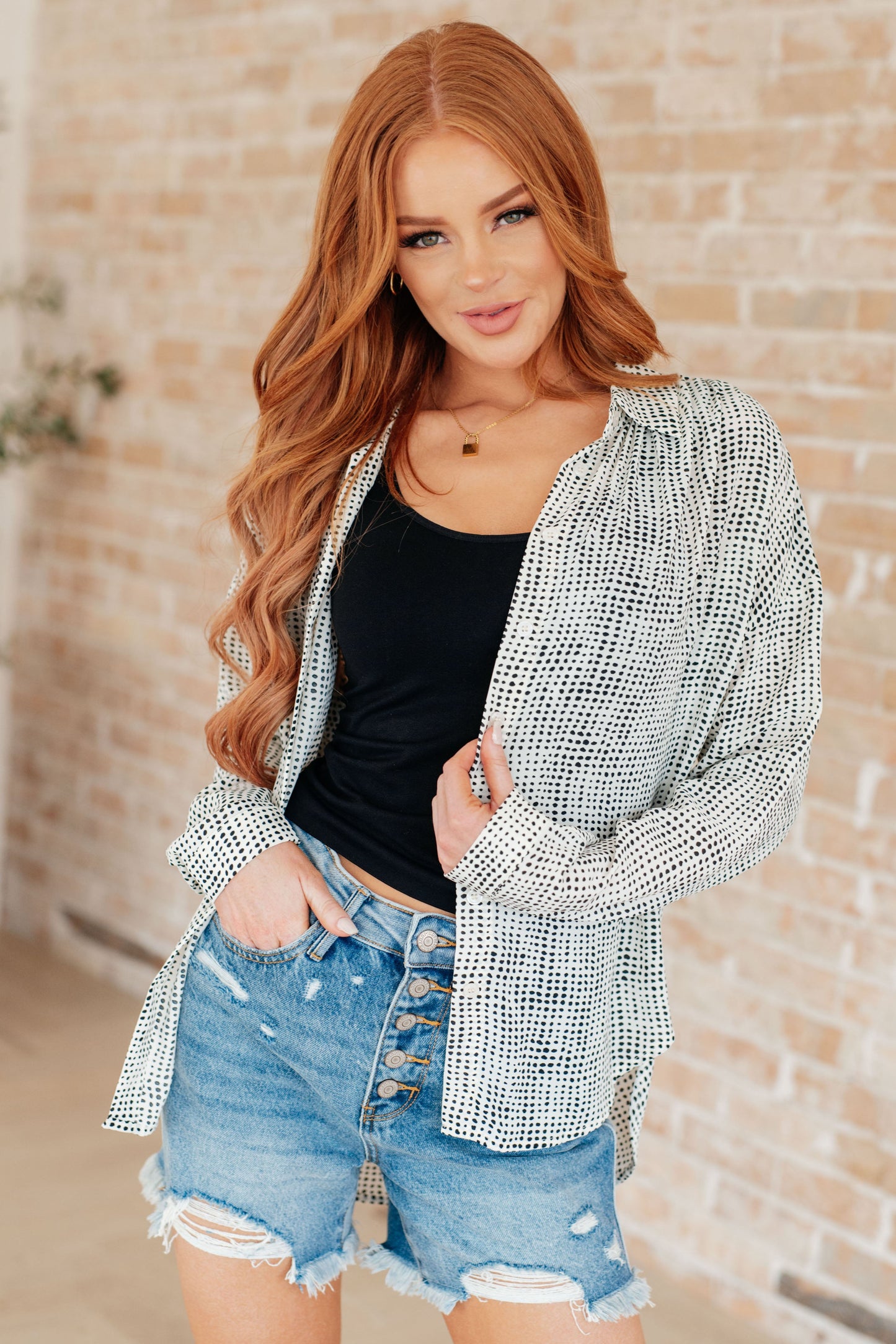 Poly Satin long sleeve button up top by Jodifil