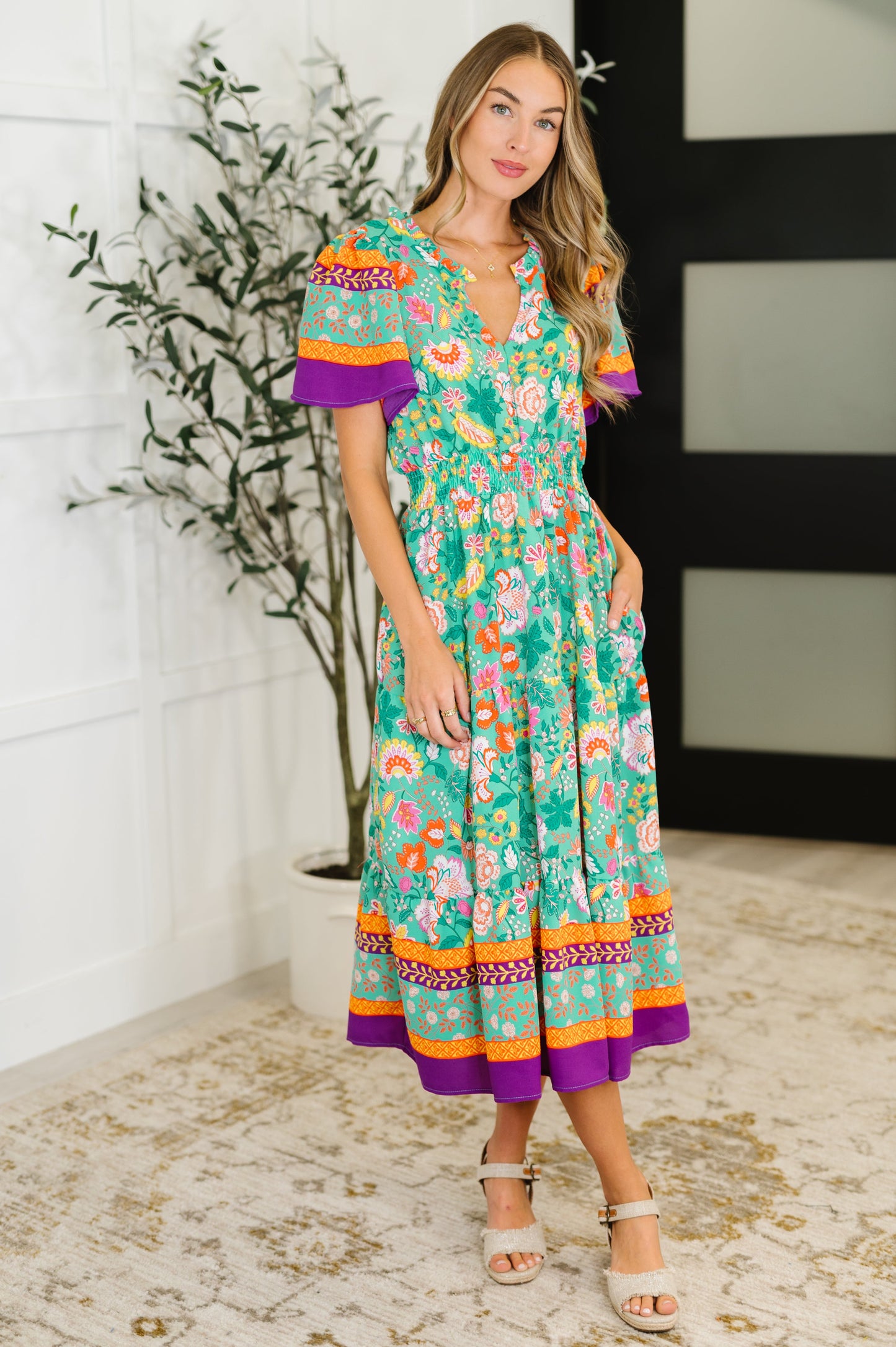Tiered, short sleeved midi dress in Mint Floral by Haptics