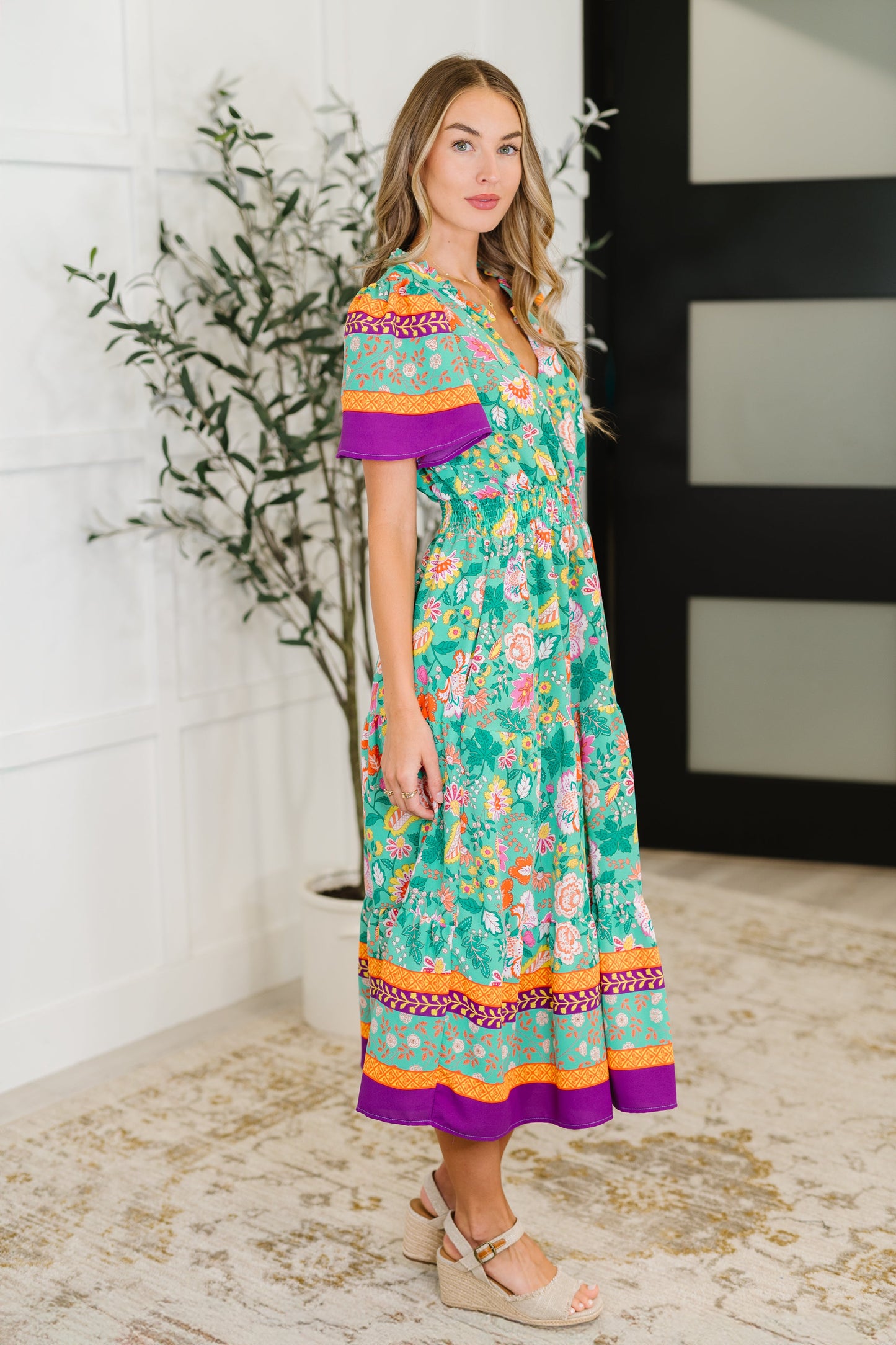 Tiered, short sleeved midi dress in Mint Floral by Haptics