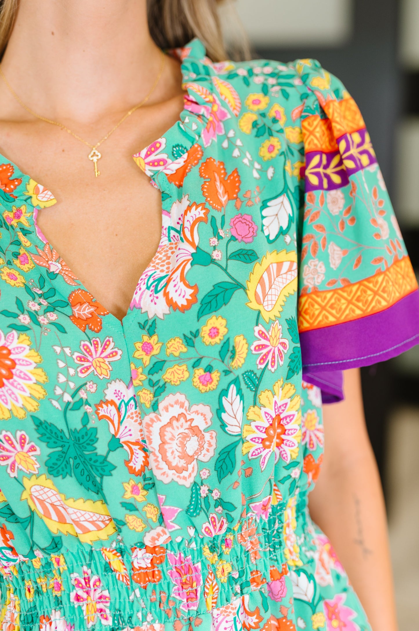 Tiered, short sleeved midi dress in Mint Floral by Haptics