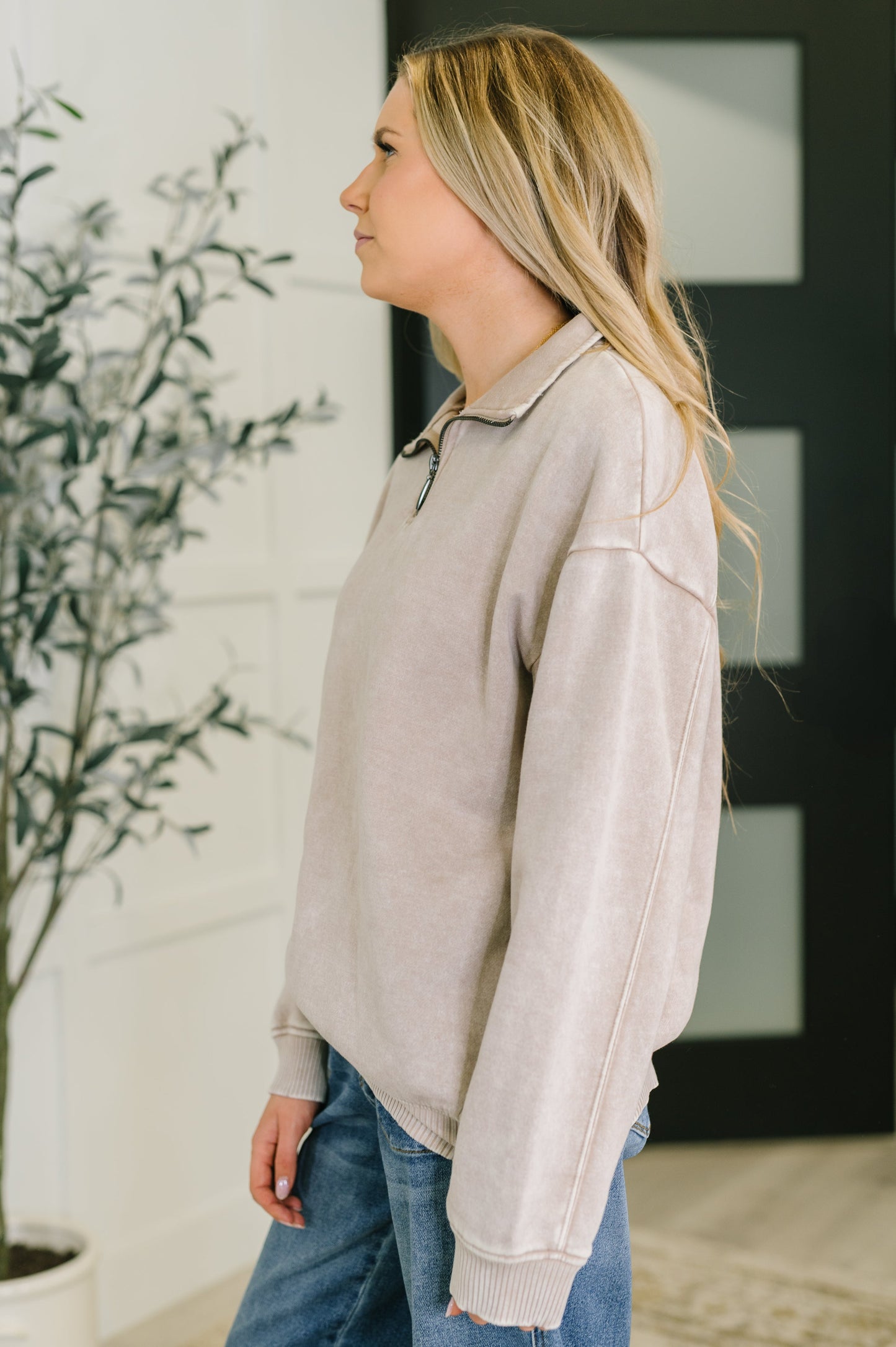 Long sleeve Half Zip Pullover in Ash Mocha by Zenana