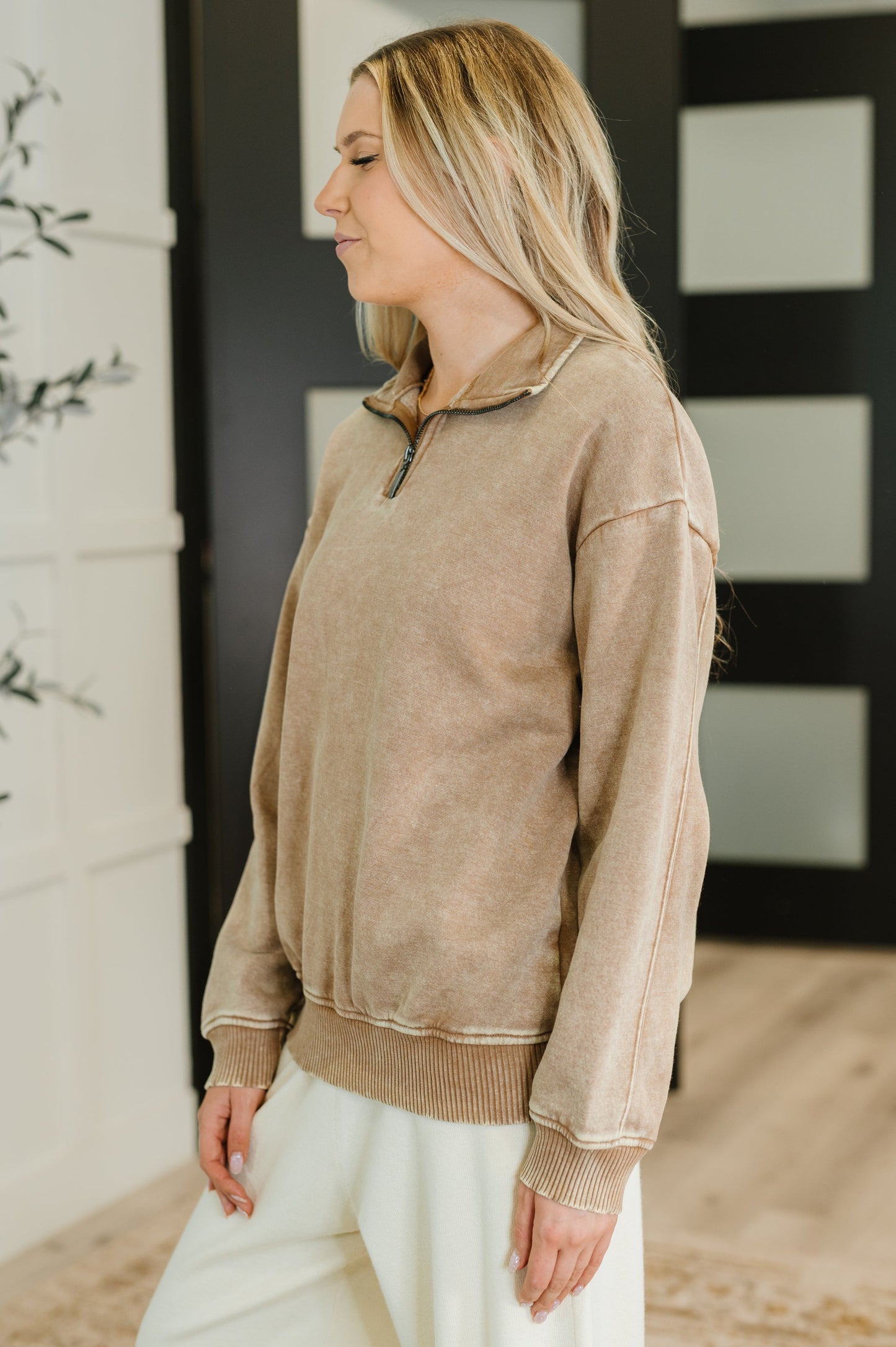 Long sleeve Half Zip Pullover in Deep Camel by Zenana