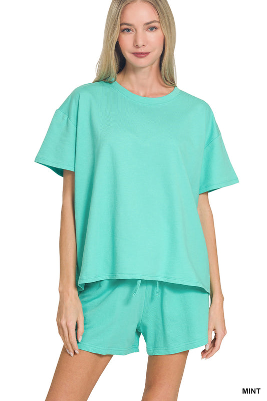 Zenana mint French terry shorts set relaxed fit side view