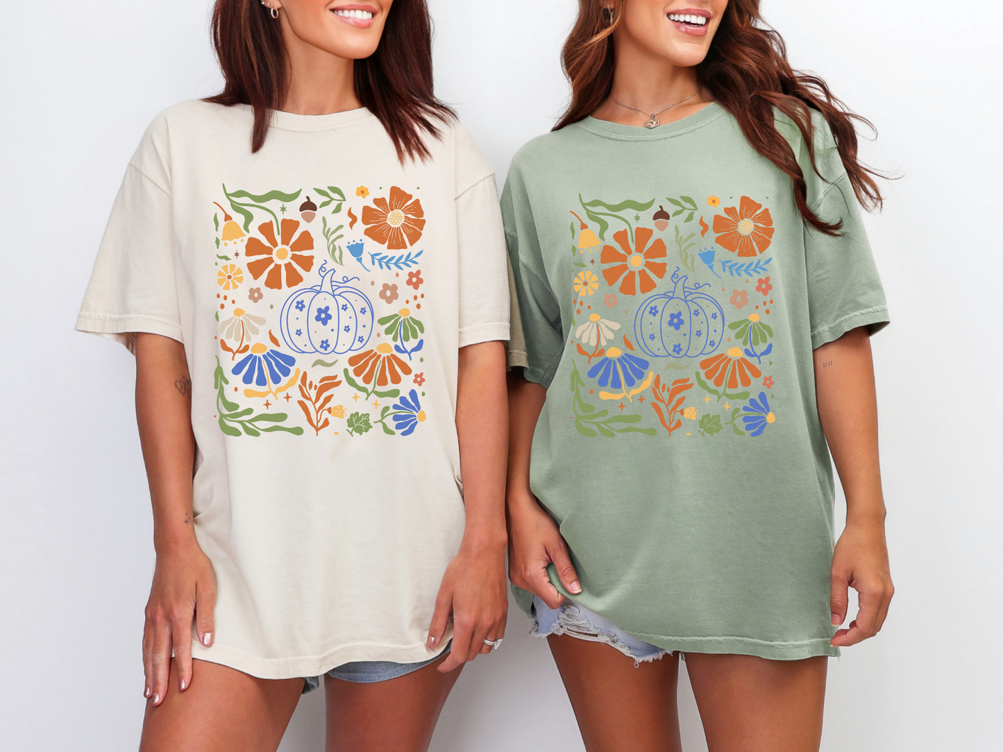 Blue Floral Pumpkin Graphic Tee in Ivory and Green