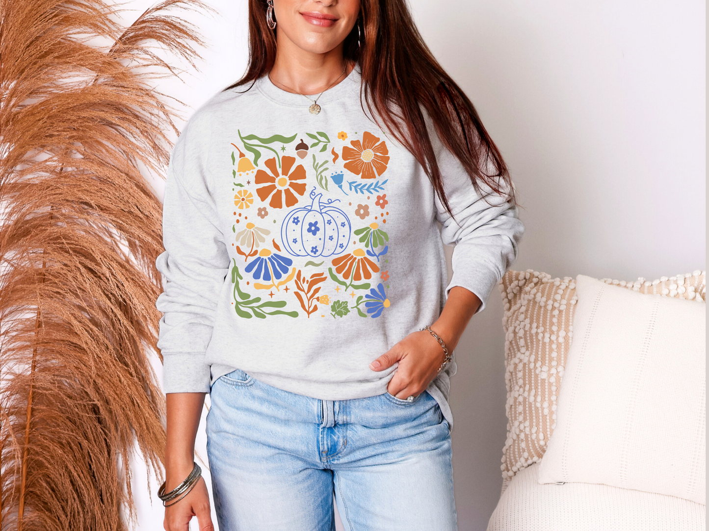 Blue Floral Pumpkin Sweatshirt in Ash