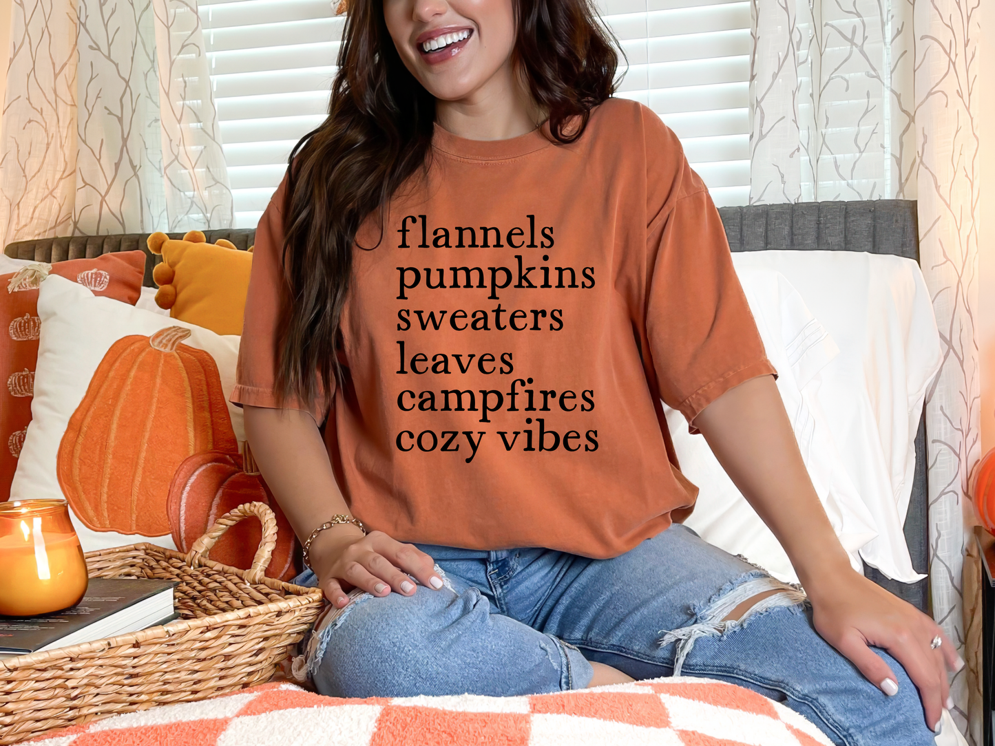This Flannels Pumpkins graphic tee comes in Green, Red, Chocolate, and Yam Comfort Colors.