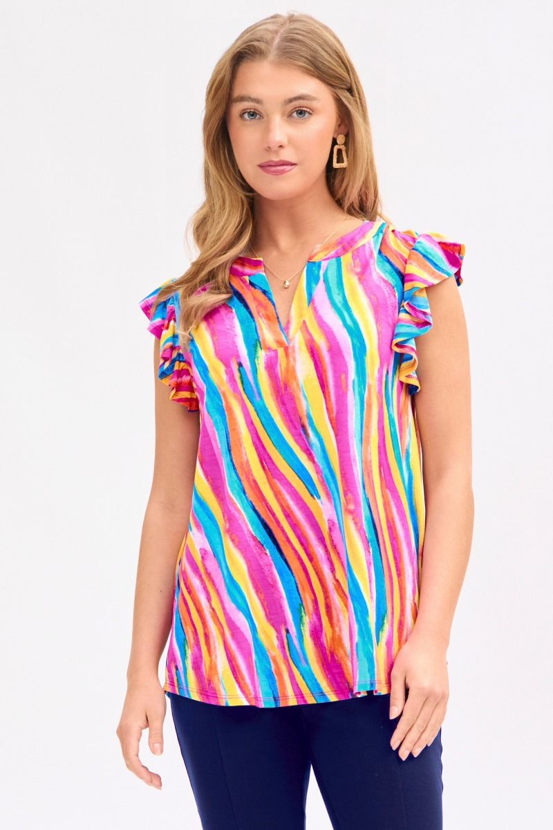 Multi color Bulgari fabric, V neck, flutter sleeve, high low scooped hem, true to size top by Dear Scarlett