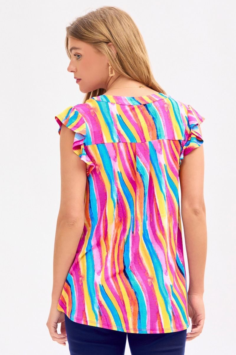 Multi color Bulgari fabric, V neck, flutter sleeve, high low scooped hem, true to size top by Dear Scarlett