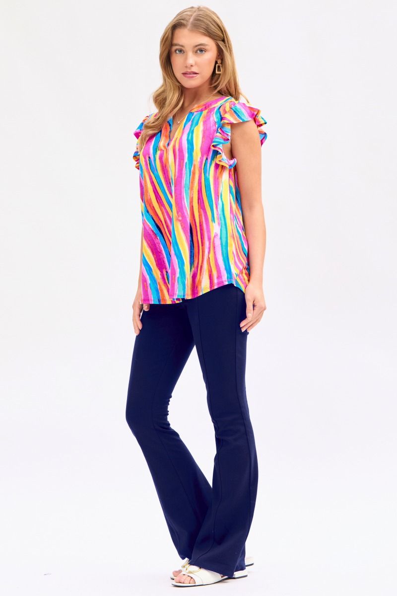 Multi color Bulgari fabric, V neck, flutter sleeve, high low scooped hem, true to size top by Dear Scarlett