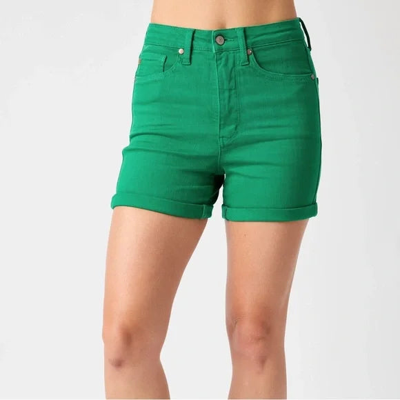 JUDY BLUE HIGH WAIST TUMMY CONTROL GARMENT DYED SHORTS in Kelly Green
