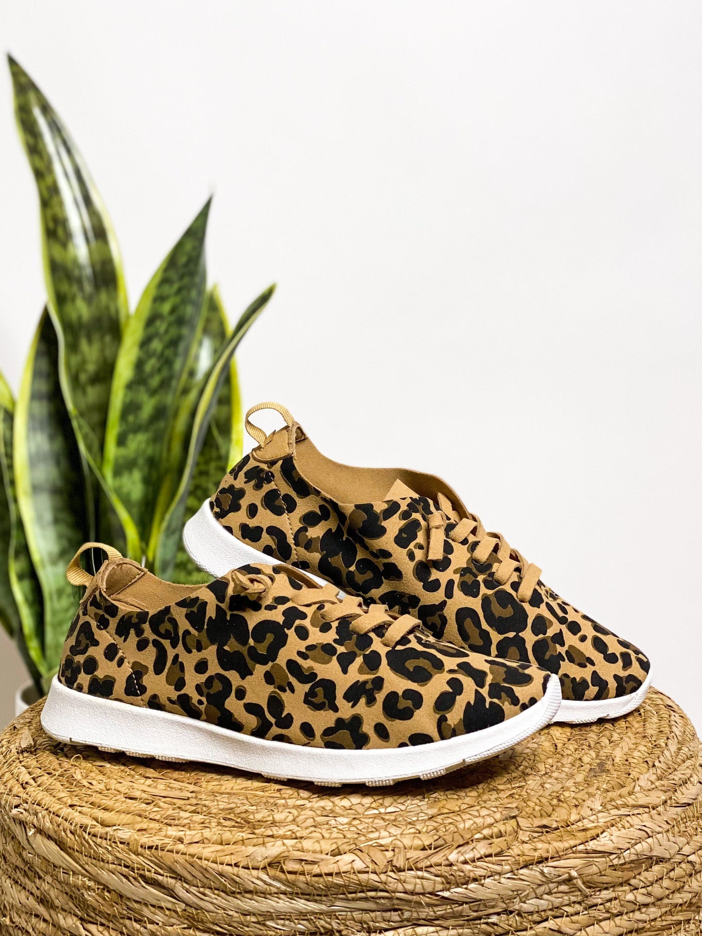 Leopard print, faux suede, faux leather laces, rubber sole sneakers