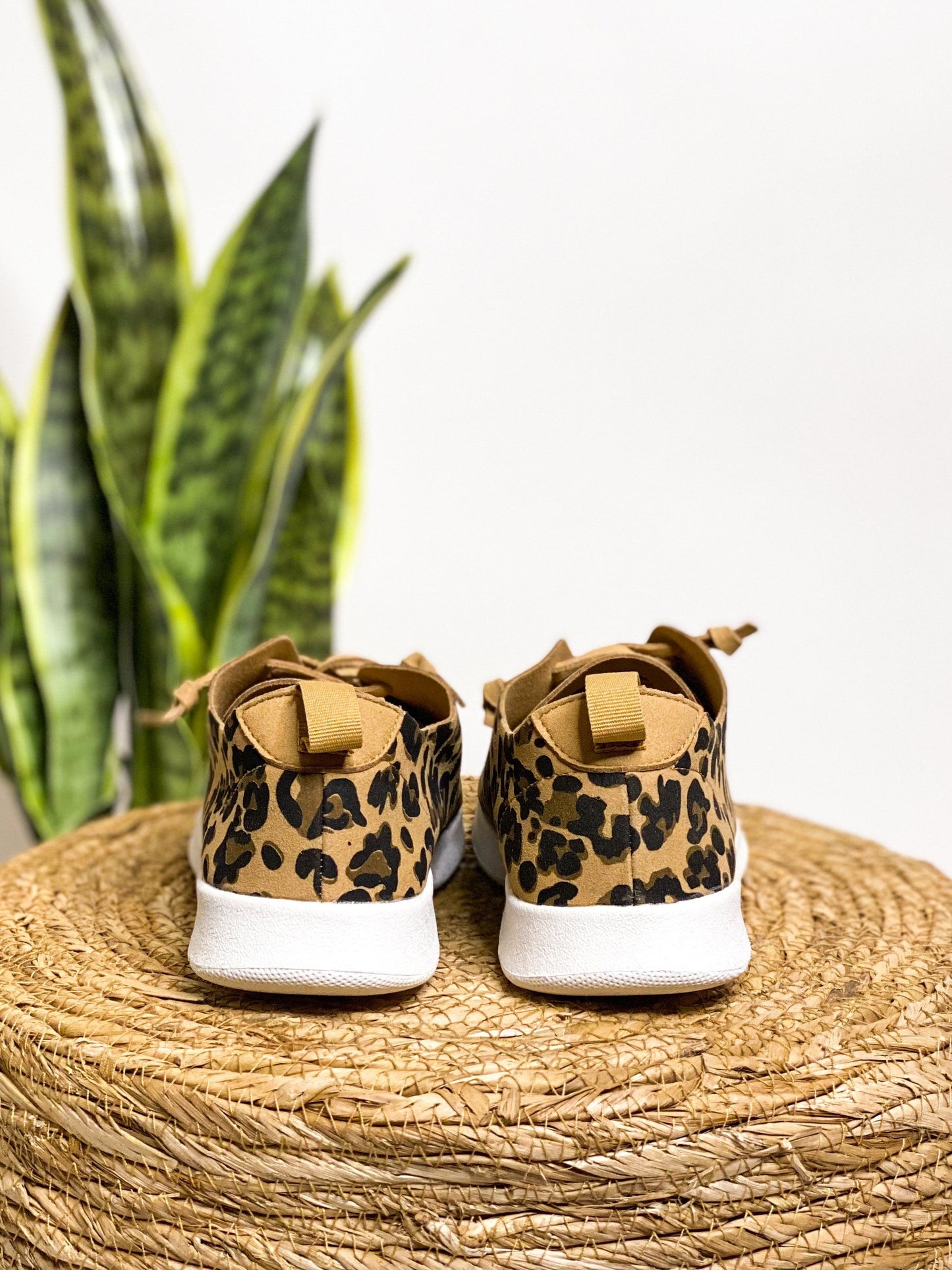 Leopard print, faux suede, faux leather laces, rubber sole sneakers