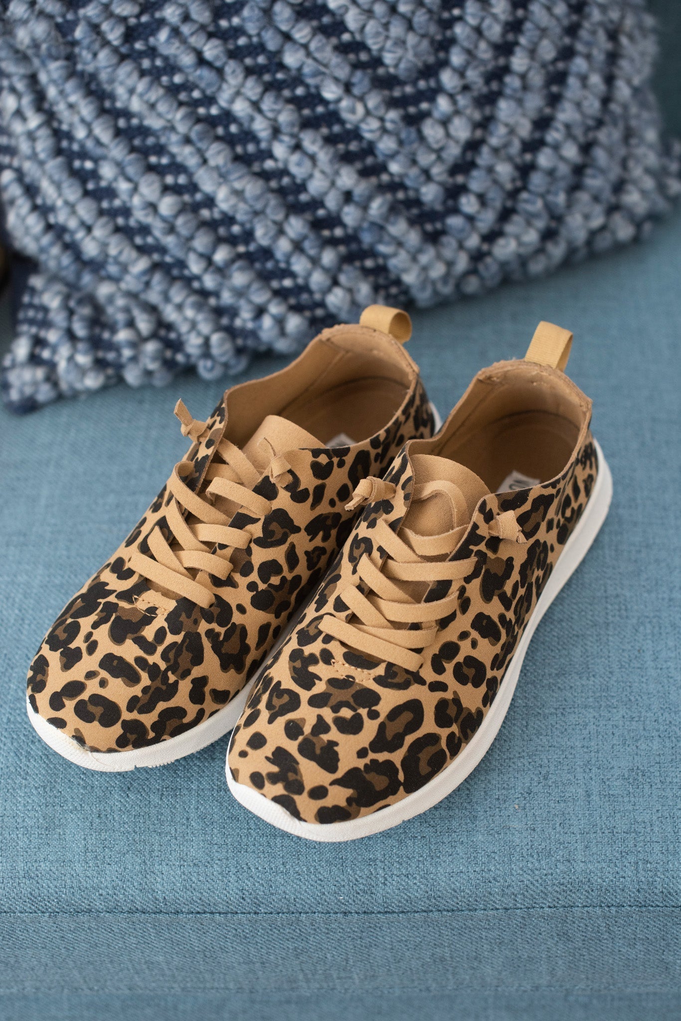 Leopard print, faux suede, faux leather laces, rubber sole sneakers