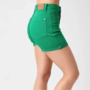 JUDY BLUE HIGH WAIST TUMMY CONTROL GARMENT DYED SHORTS in Kelly Green
