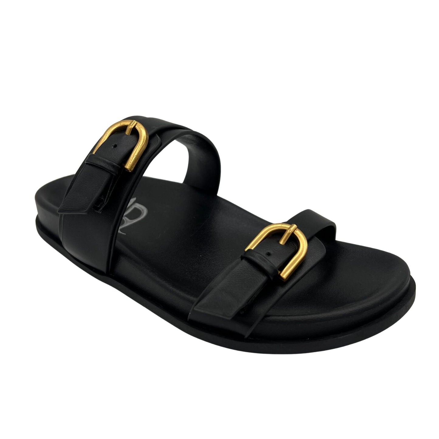 Black sandal with gold buckles on a white background