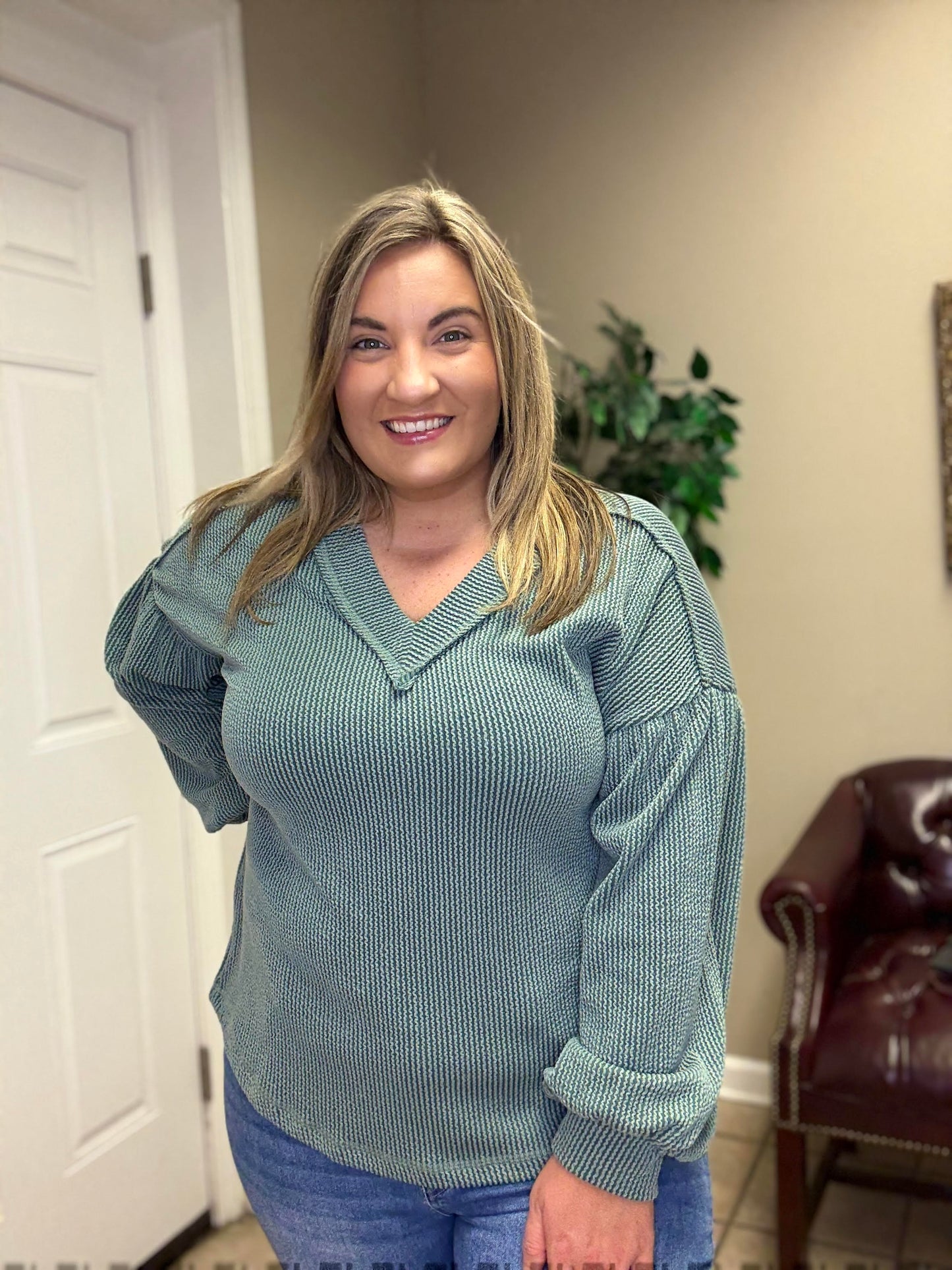 Two Tone Double Knit Top in Moss Green, Charcoal and Wine by Very J