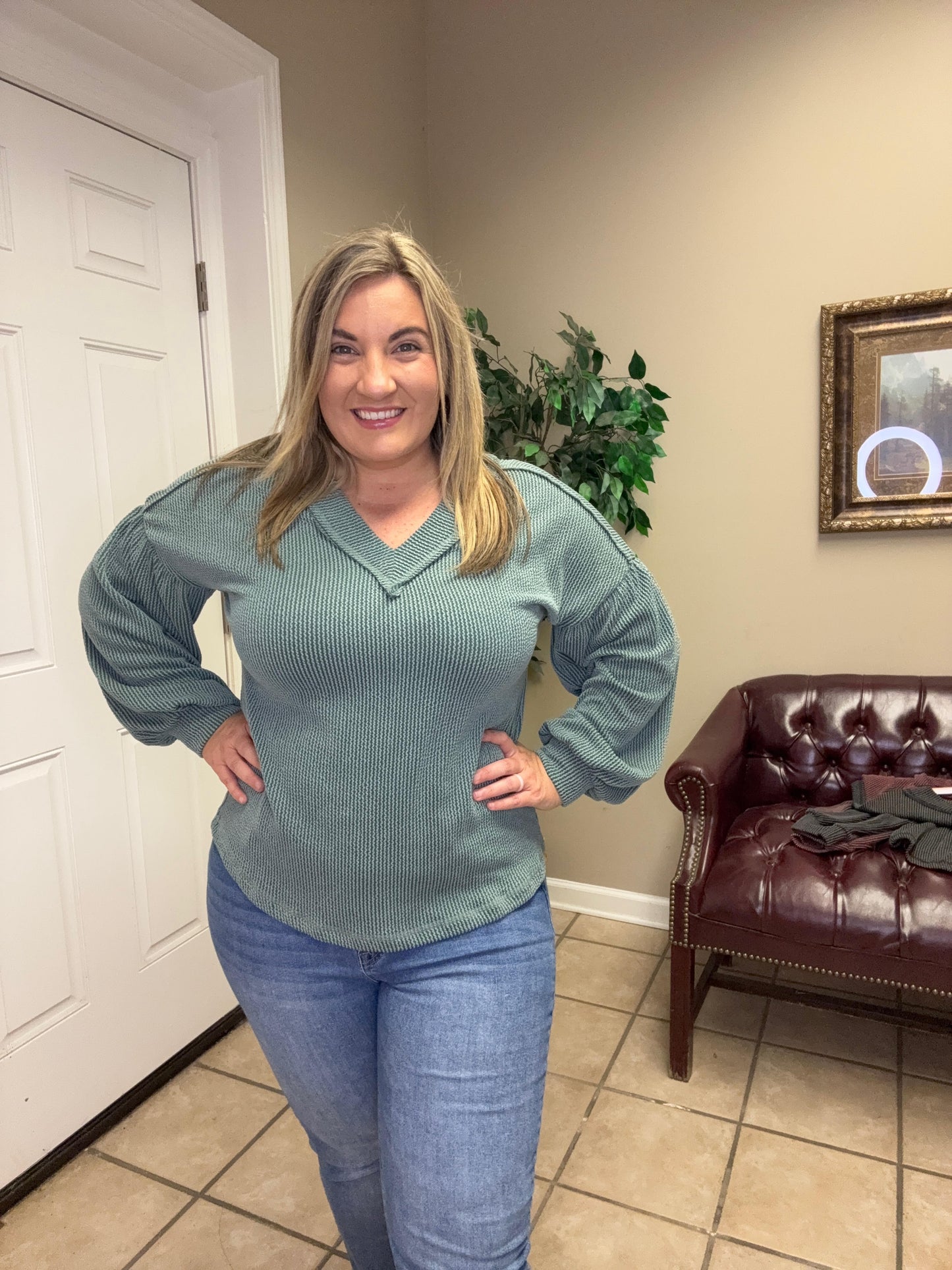 Two Tone Double Knit Top in Moss Green, Charcoal and Wine by Very J
