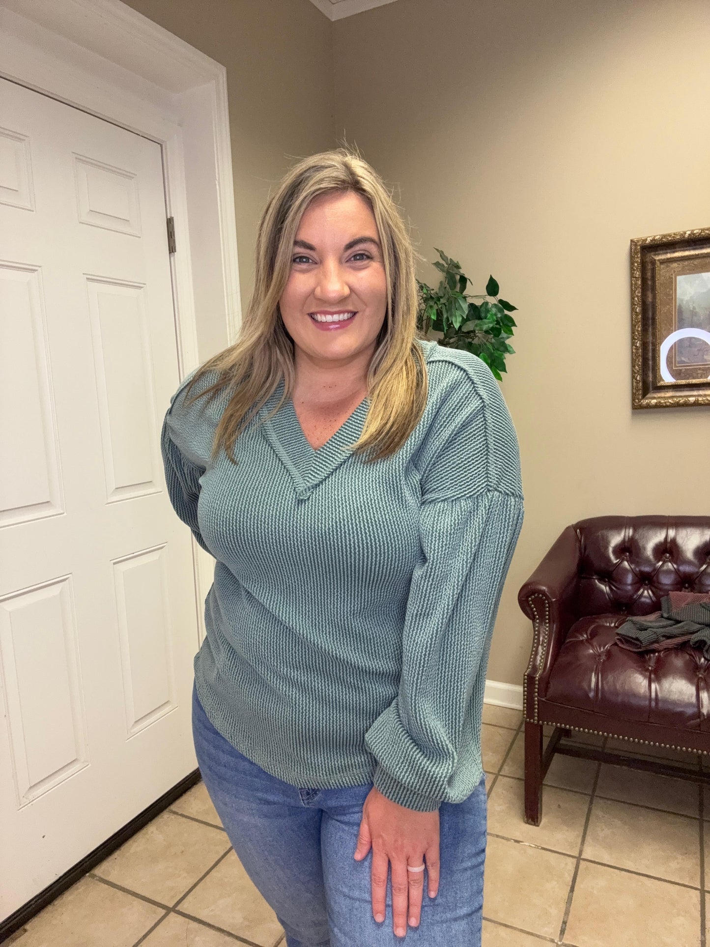 Two Tone Double Knit Top in Moss Green, Charcoal and Wine by Very J