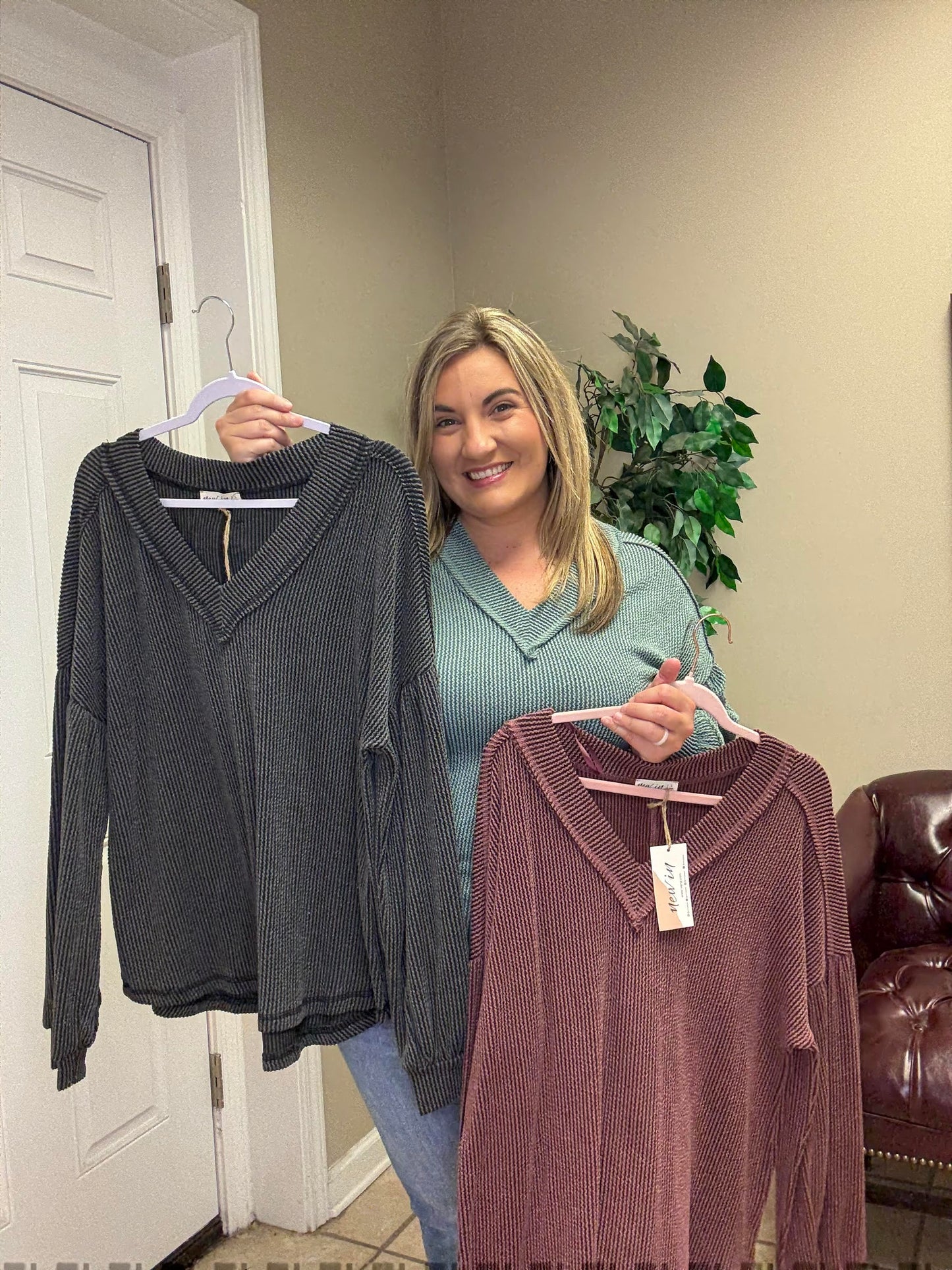 Wide Neck Band Oversized Comfy Soft Two Tone Double Knit Top in Moss Green, Charcoal and Wine by Very J