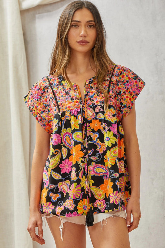 Multicolored Print Babydoll Top with Floral Embroidery by Savanna Jane